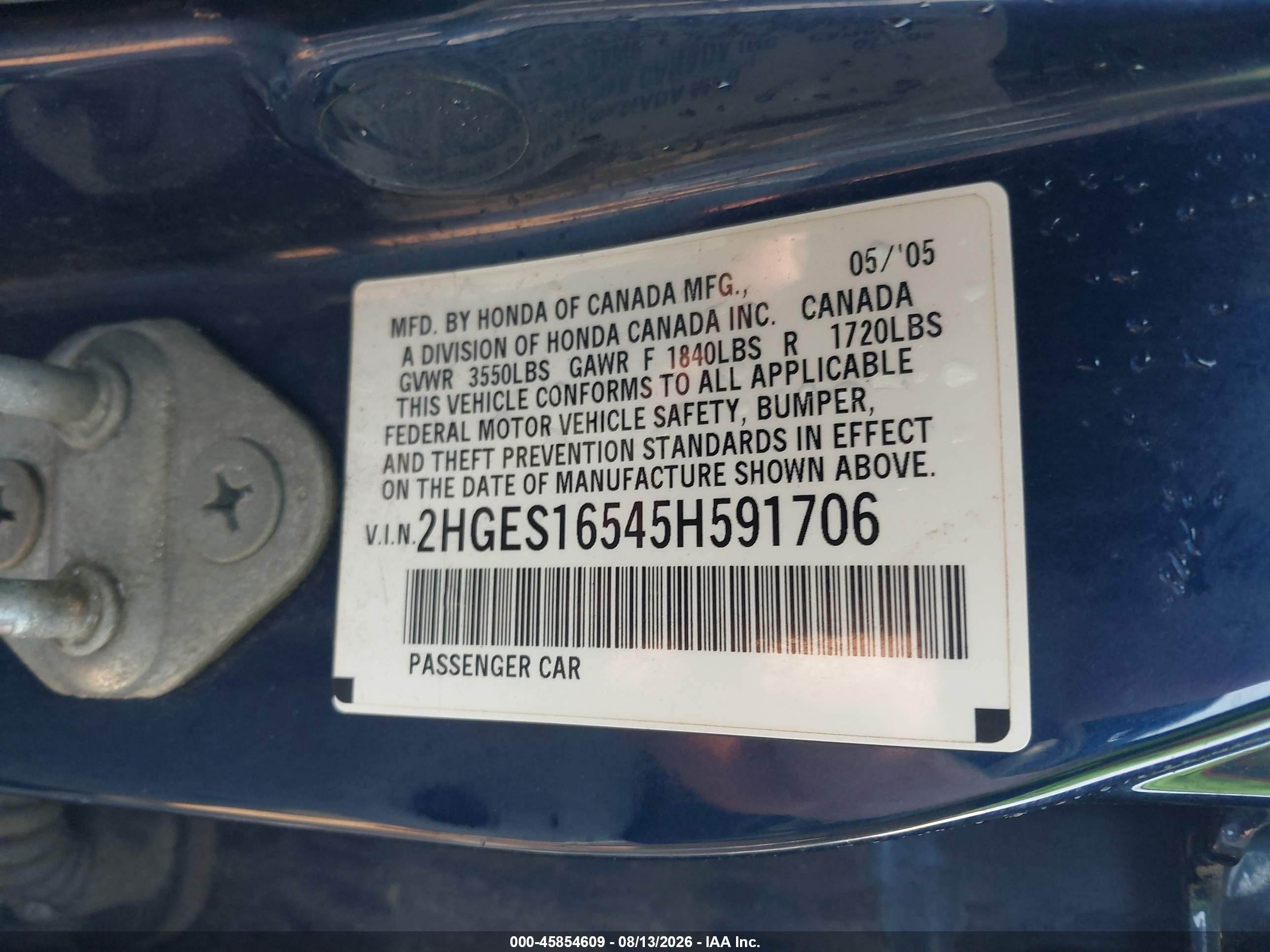 2005 Honda Civic Lx Синий vin: 2HGES16545H591706