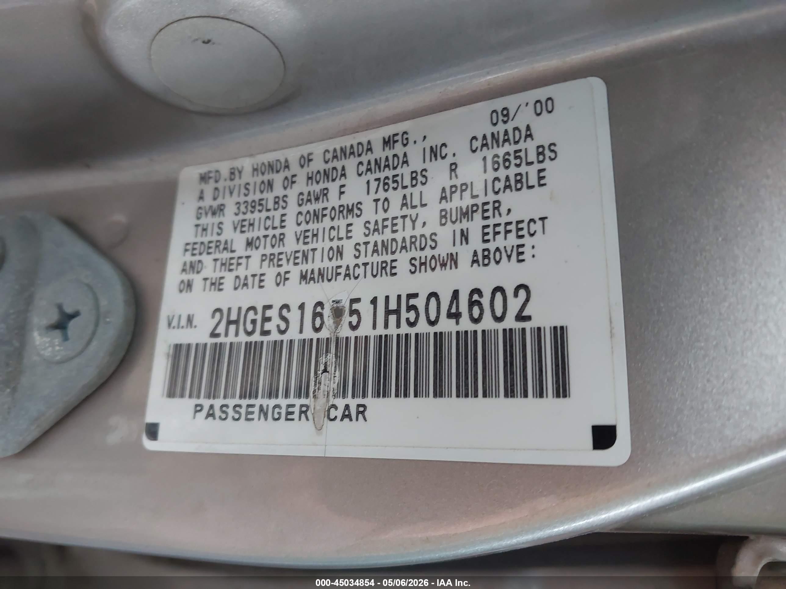 2001 Honda Civic Lx Beige vin: 2HGES16551H504602