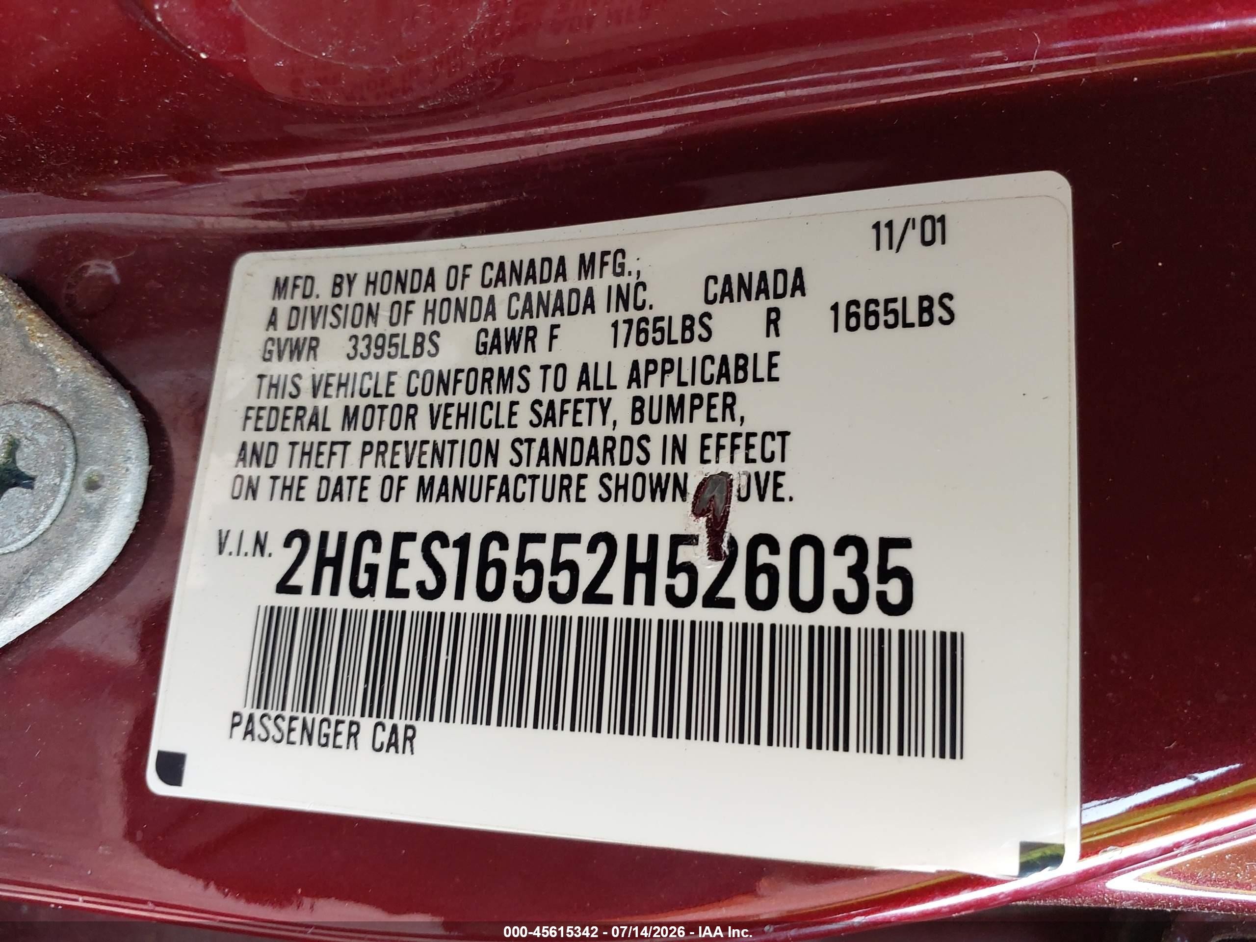 2002 Honda Civic Lx Red vin: 2HGES16552H526035