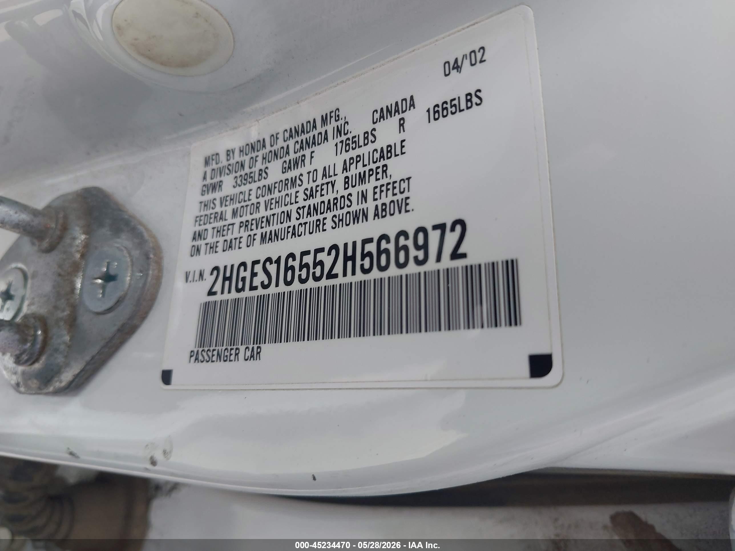 2002 Honda Civic Lx White vin: 2HGES16552H566972