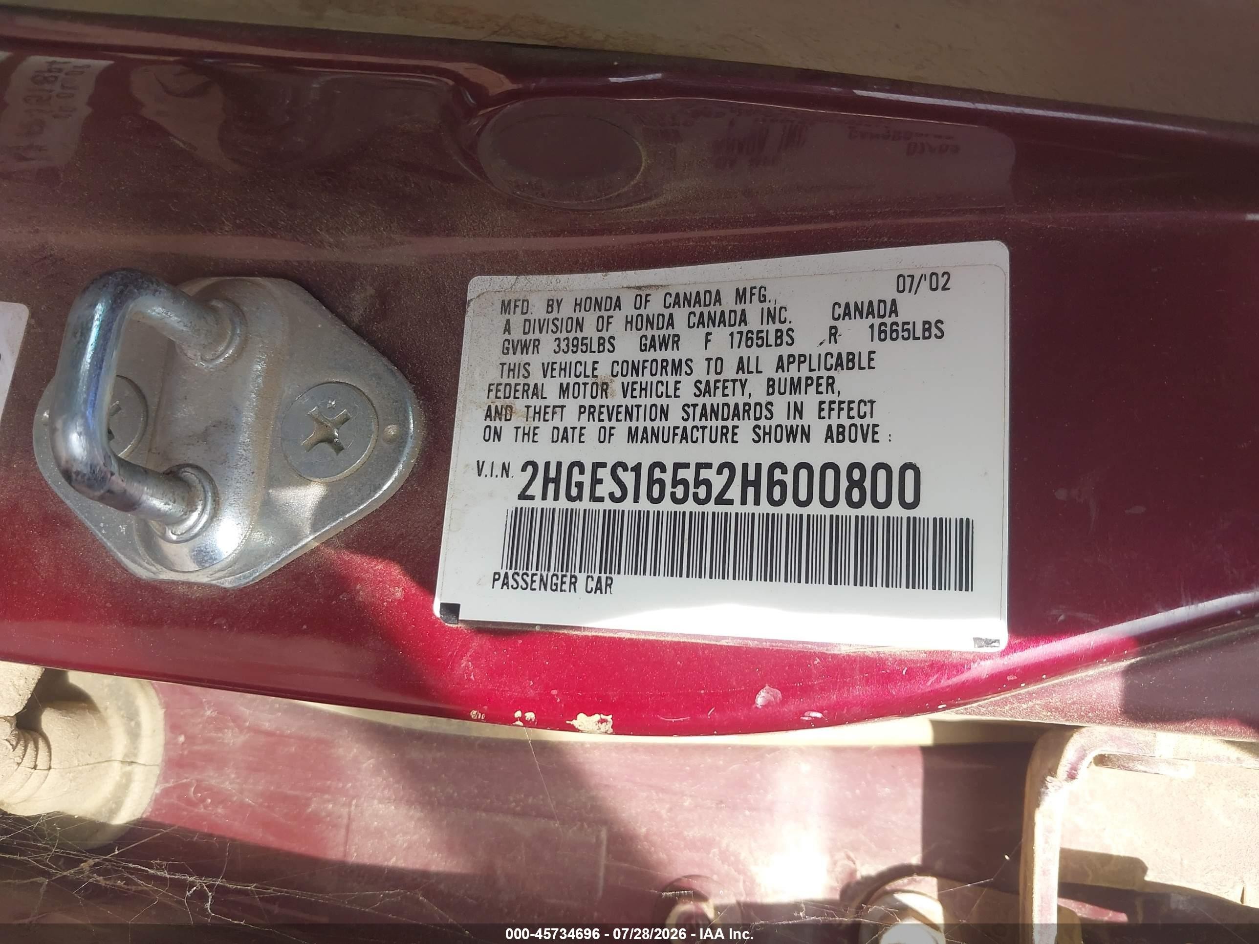 2002 Honda Civic Lx Burgundy vin: 2HGES16552H600800