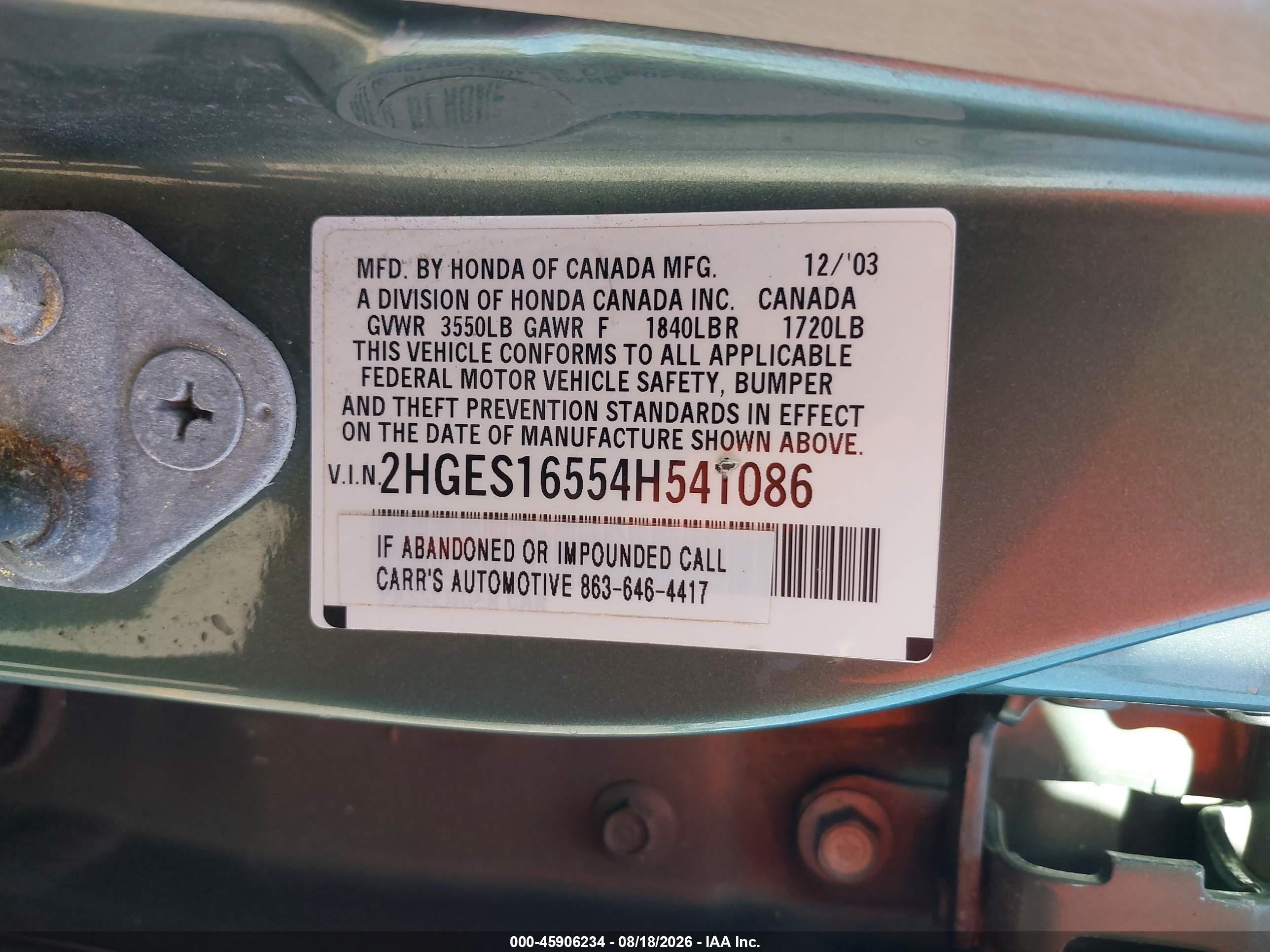 2004 Honda Civic Lx Green vin: 2HGES16554H541086