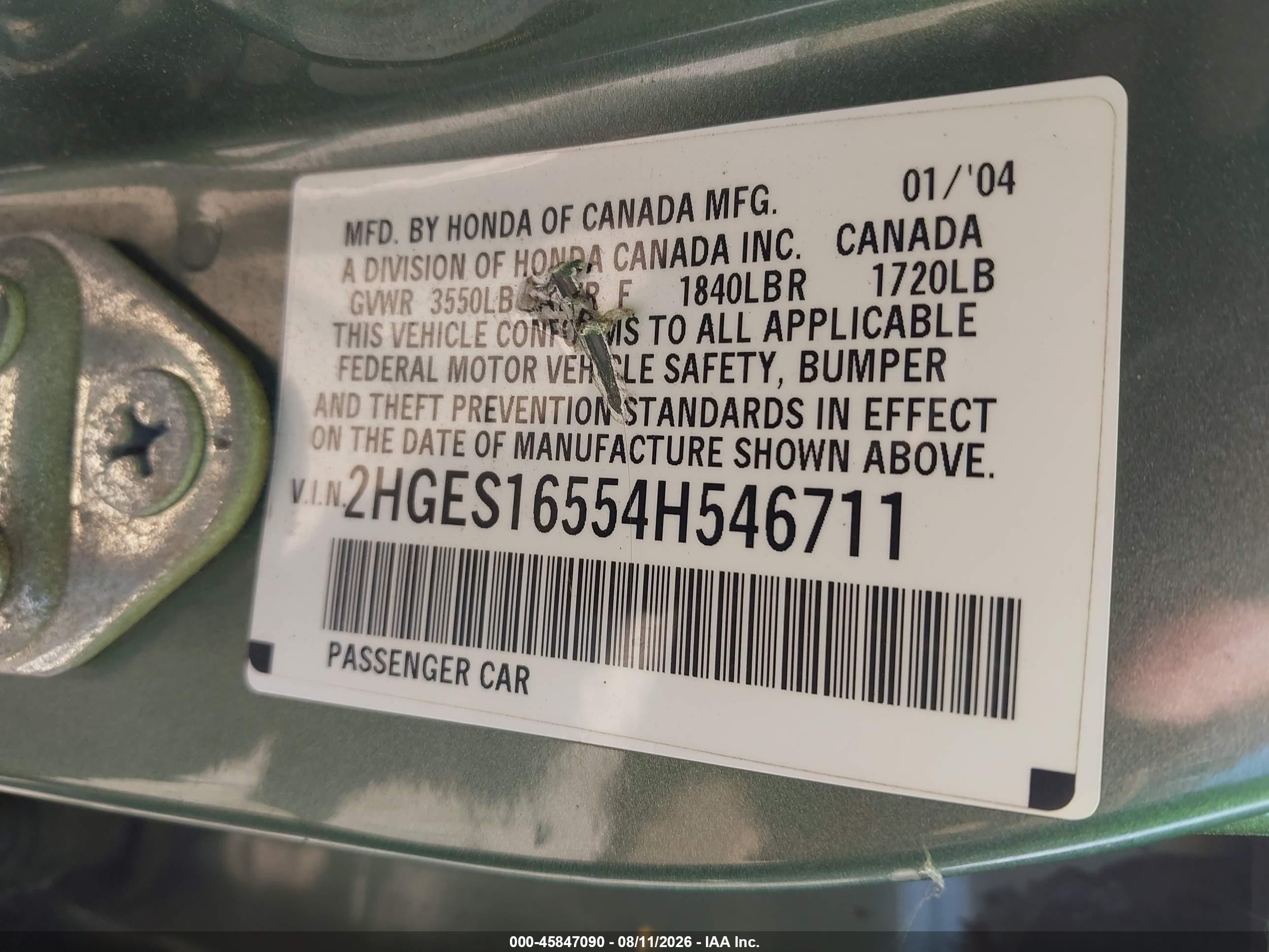 2004 Honda Civic Lx Green vin: 2HGES16554H546711