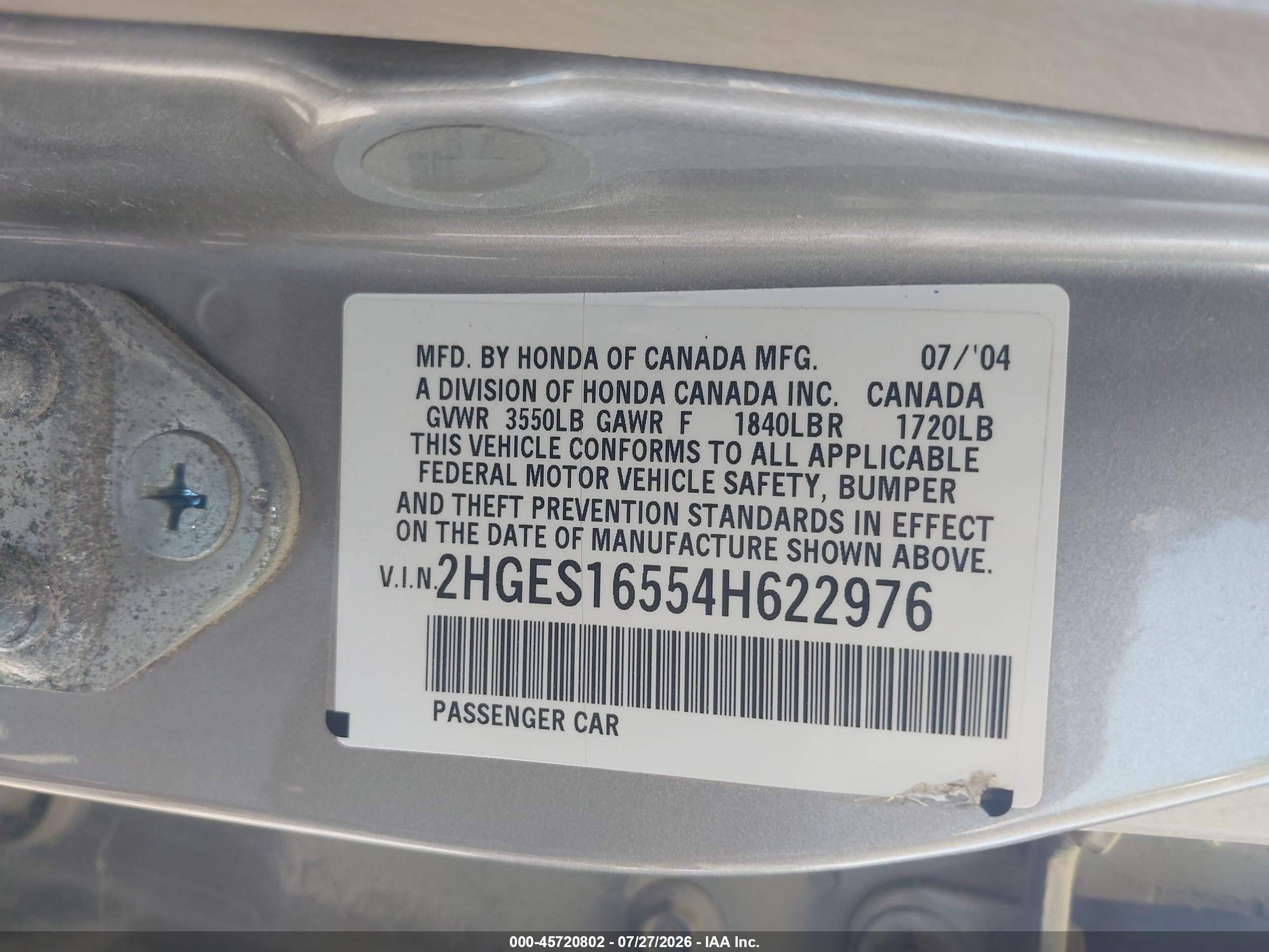 2004 Honda Civic Lx Beige vin: 2HGES16554H622976