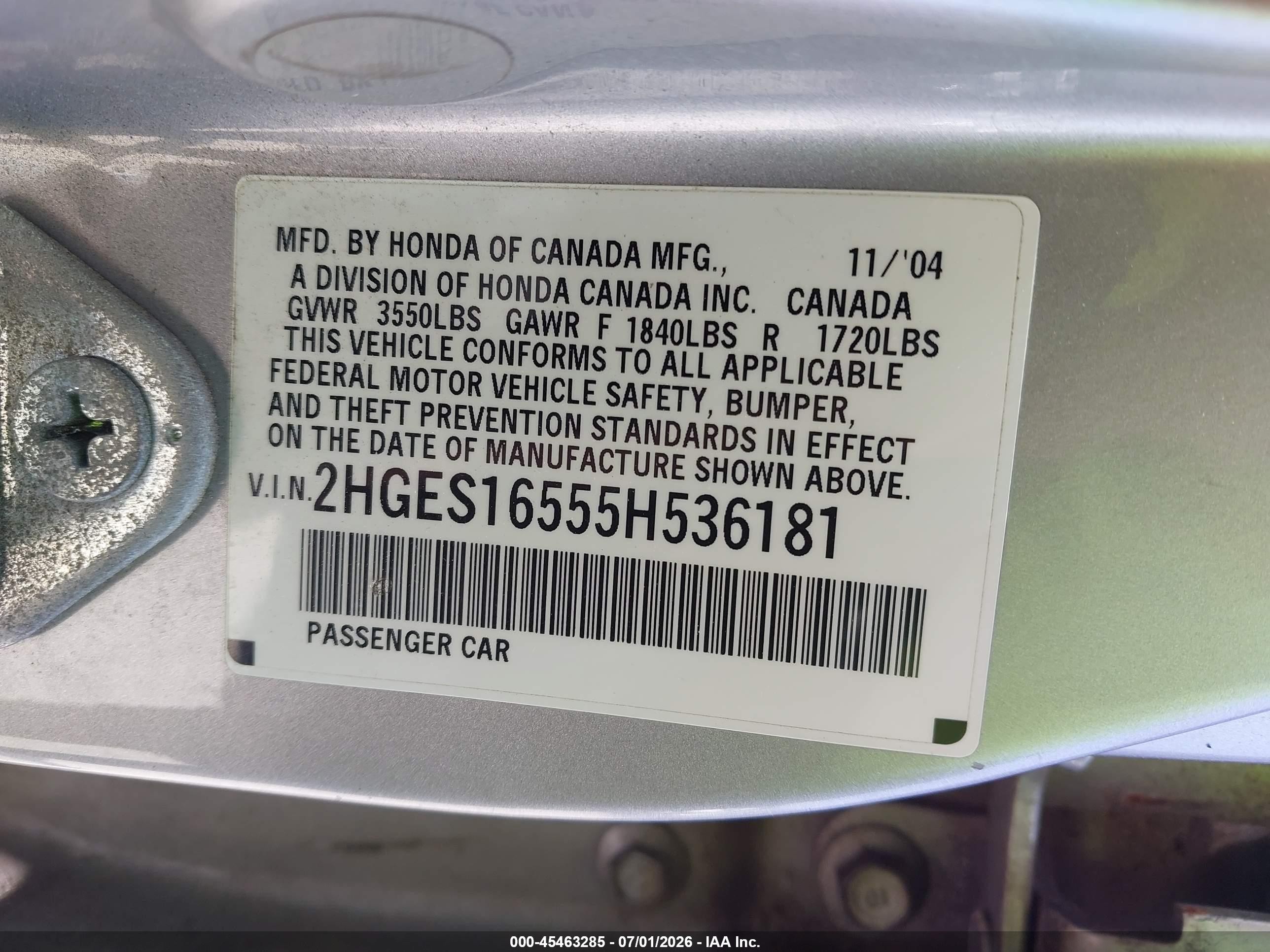 2005 Honda Civic Lx Silver vin: 2HGES16555H536181