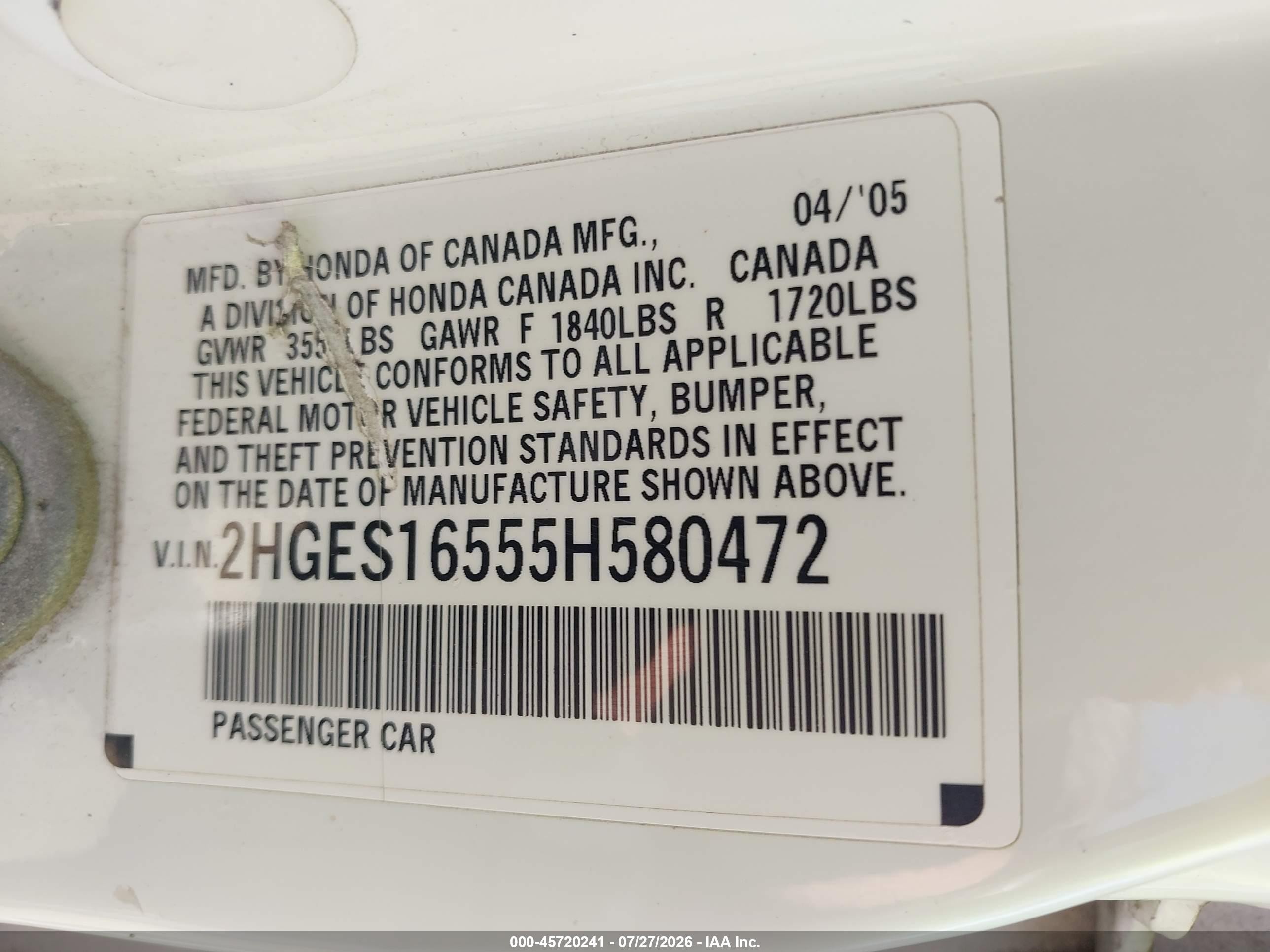 2005 Honda Civic Lx White vin: 2HGES16555H580472