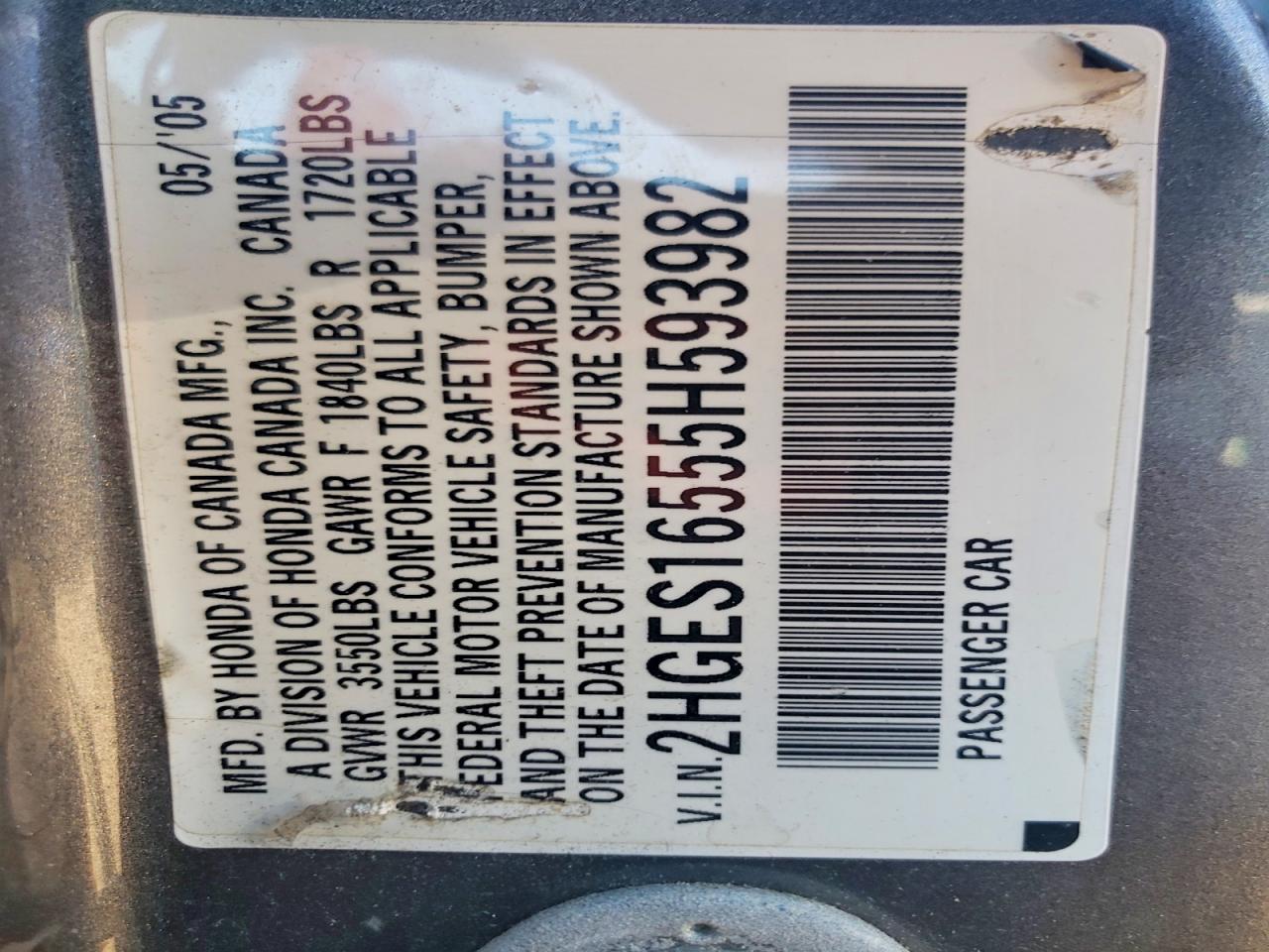 2005 Honda Civic Lx Gray vin: 2HGES16555H593982