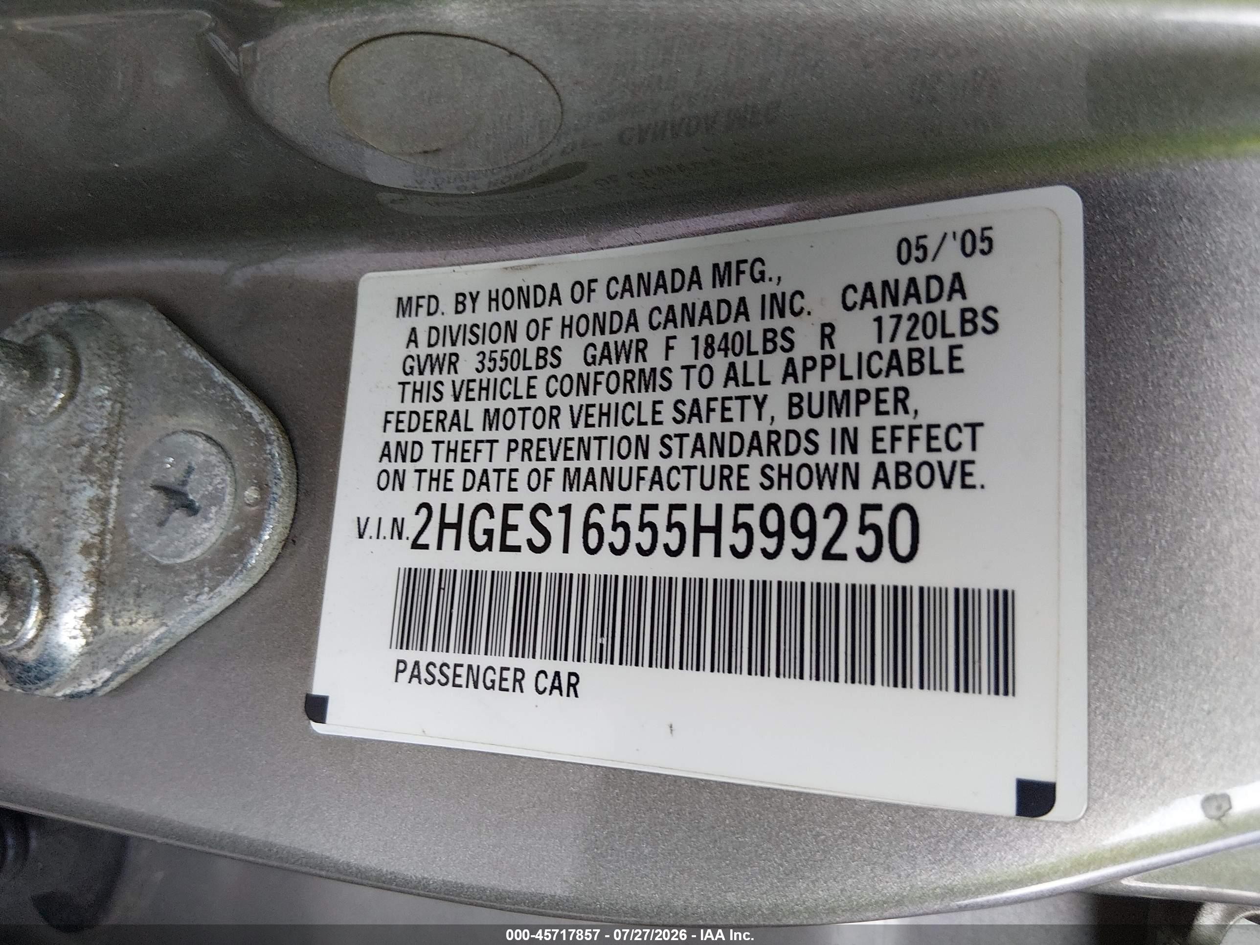 2005 Honda Civic Lx Beige vin: 2HGES16555H599250