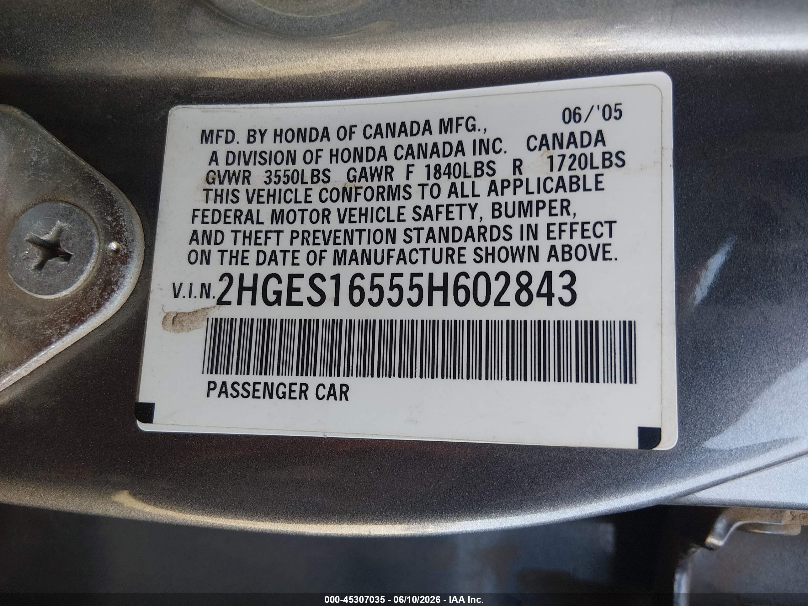 2005 Honda Civic Lx Gray vin: 2HGES16555H602843