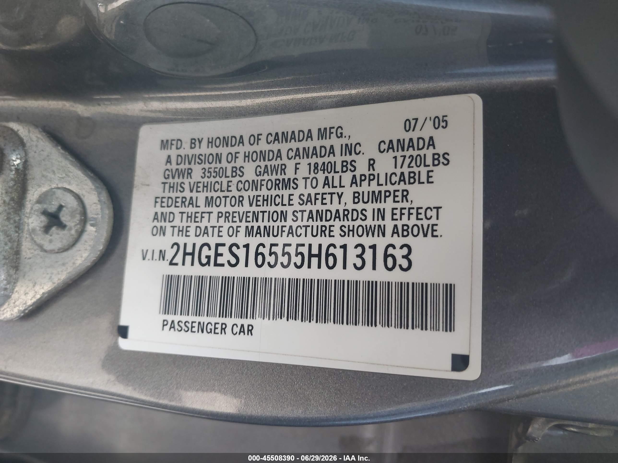 2005 Honda Civic Lx Gray vin: 2HGES16555H613163