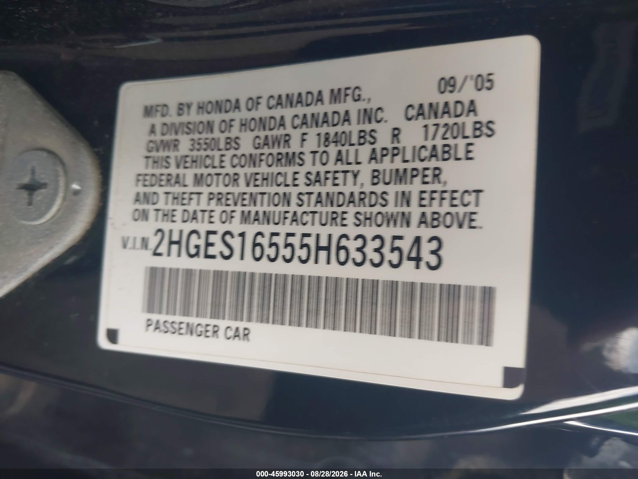 2005 Honda Civic Lx Черный vin: 2HGES16555H633543