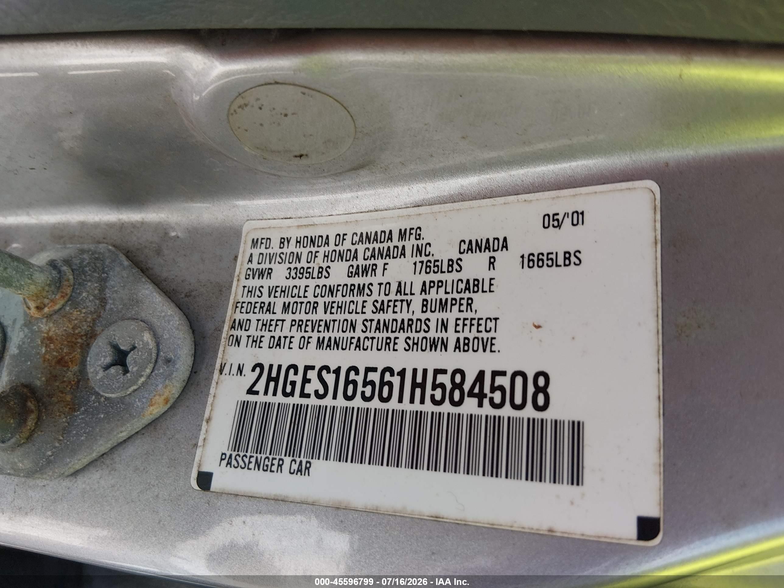 2001 Honda Civic Lx Серебряный vin: 2HGES16561H584508