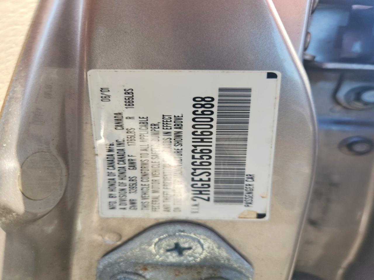 2001 Honda Civic Lx Beige vin: 2HGES16561H600688
