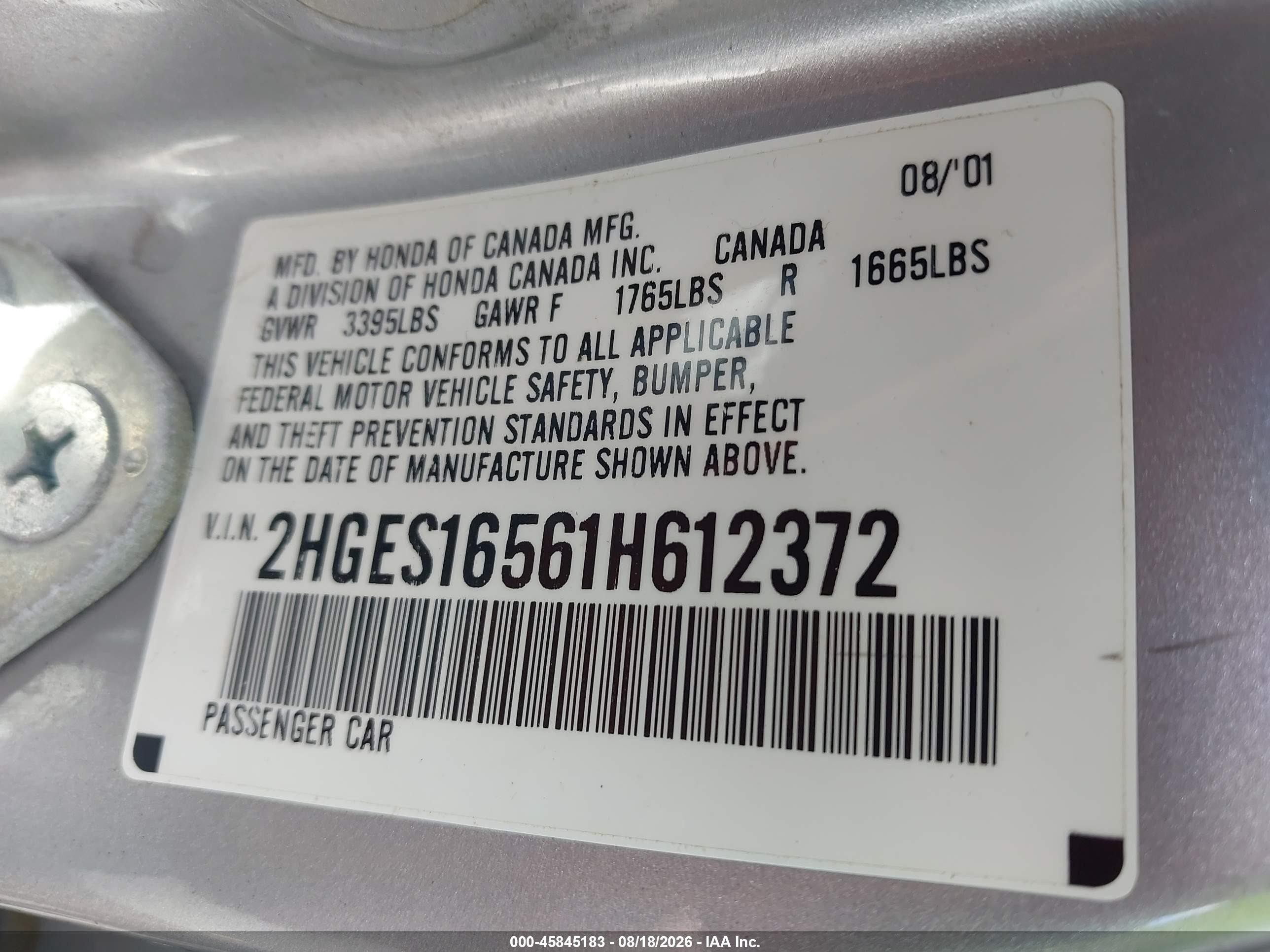 2001 Honda Civic Lx Silver vin: 2HGES16561H612372