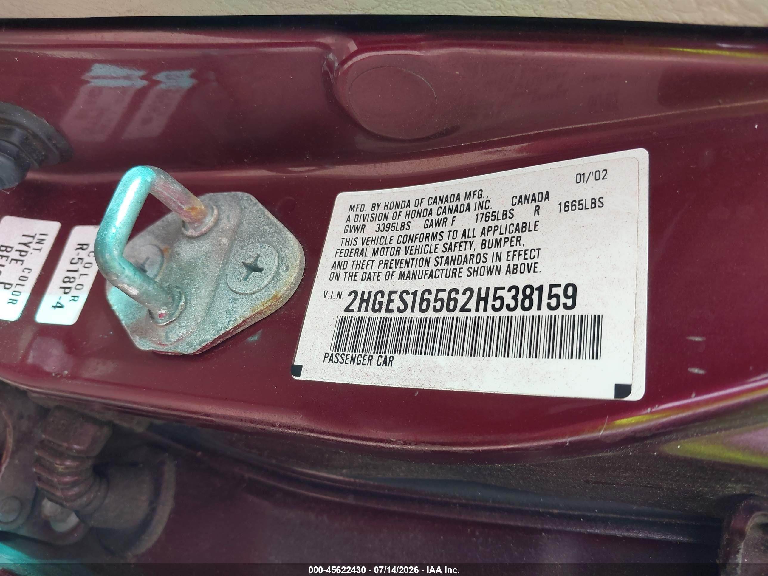 2002 Honda Civic Lx Purple vin: 2HGES16562H538159