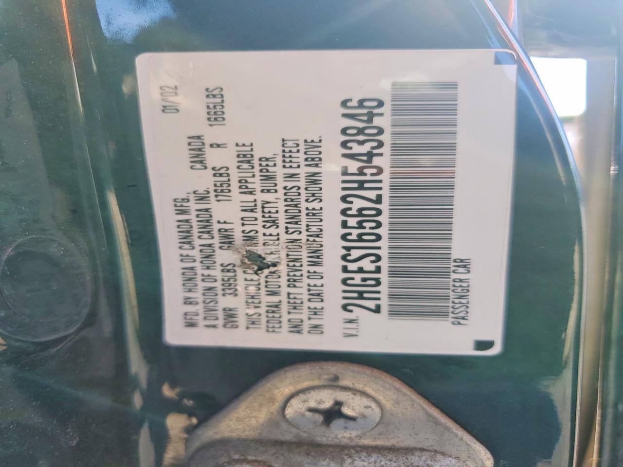 2002 Honda Civic Lx Green vin: 2HGES16562H543846