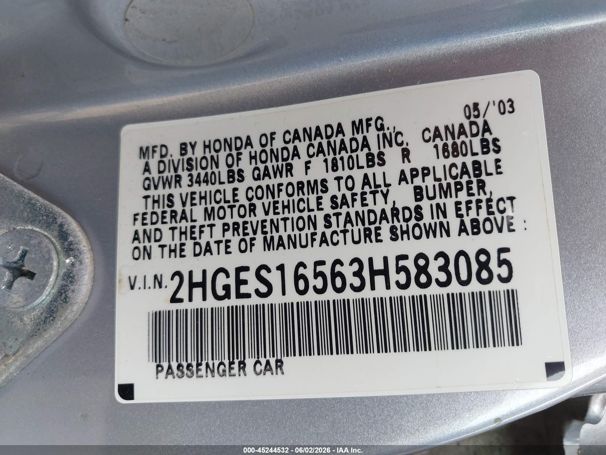 2003 Honda Civic Lx Silver vin: 2HGES16563H583085