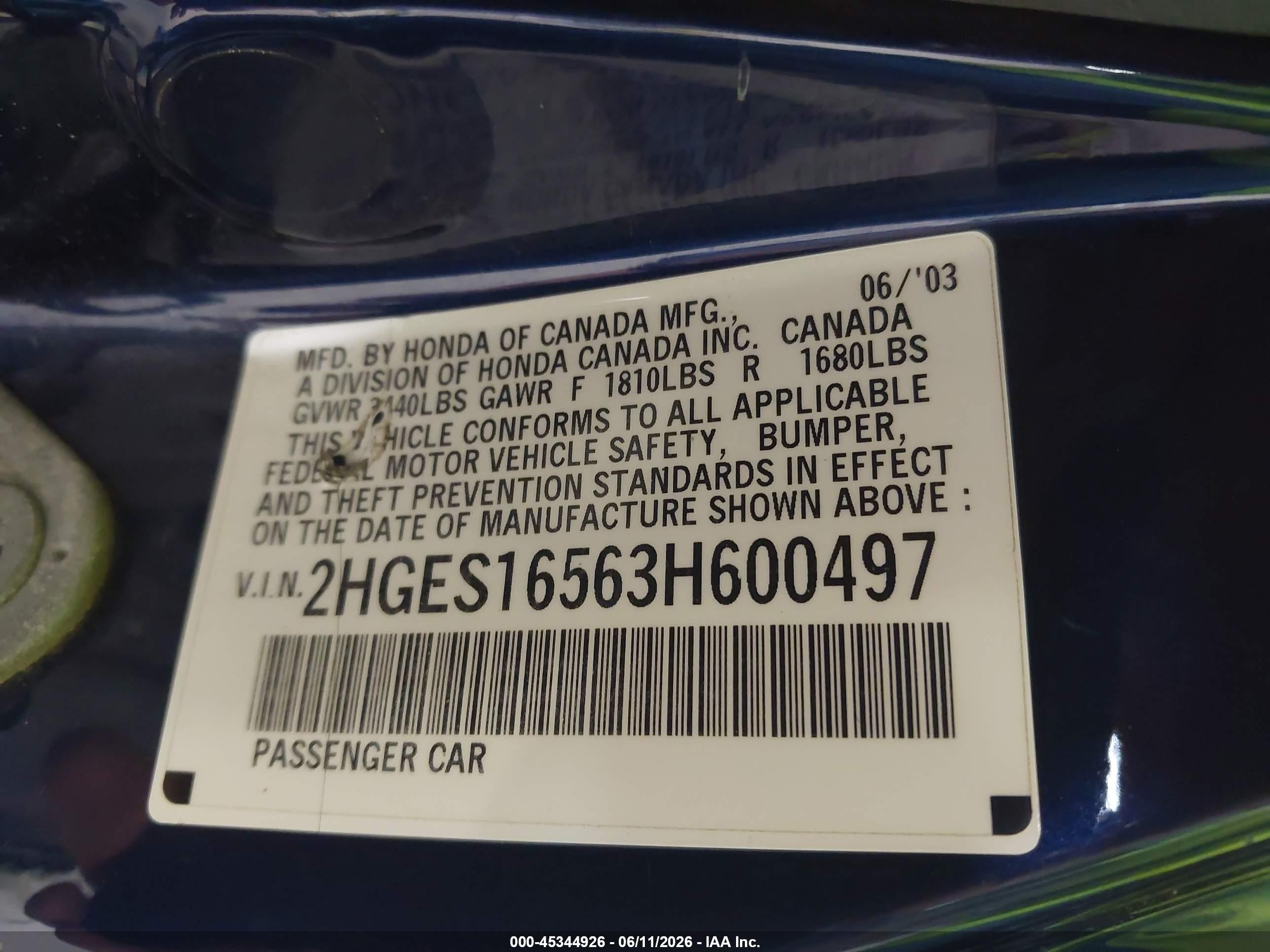 2003 Honda Civic Lx Blue vin: 2HGES16563H600497