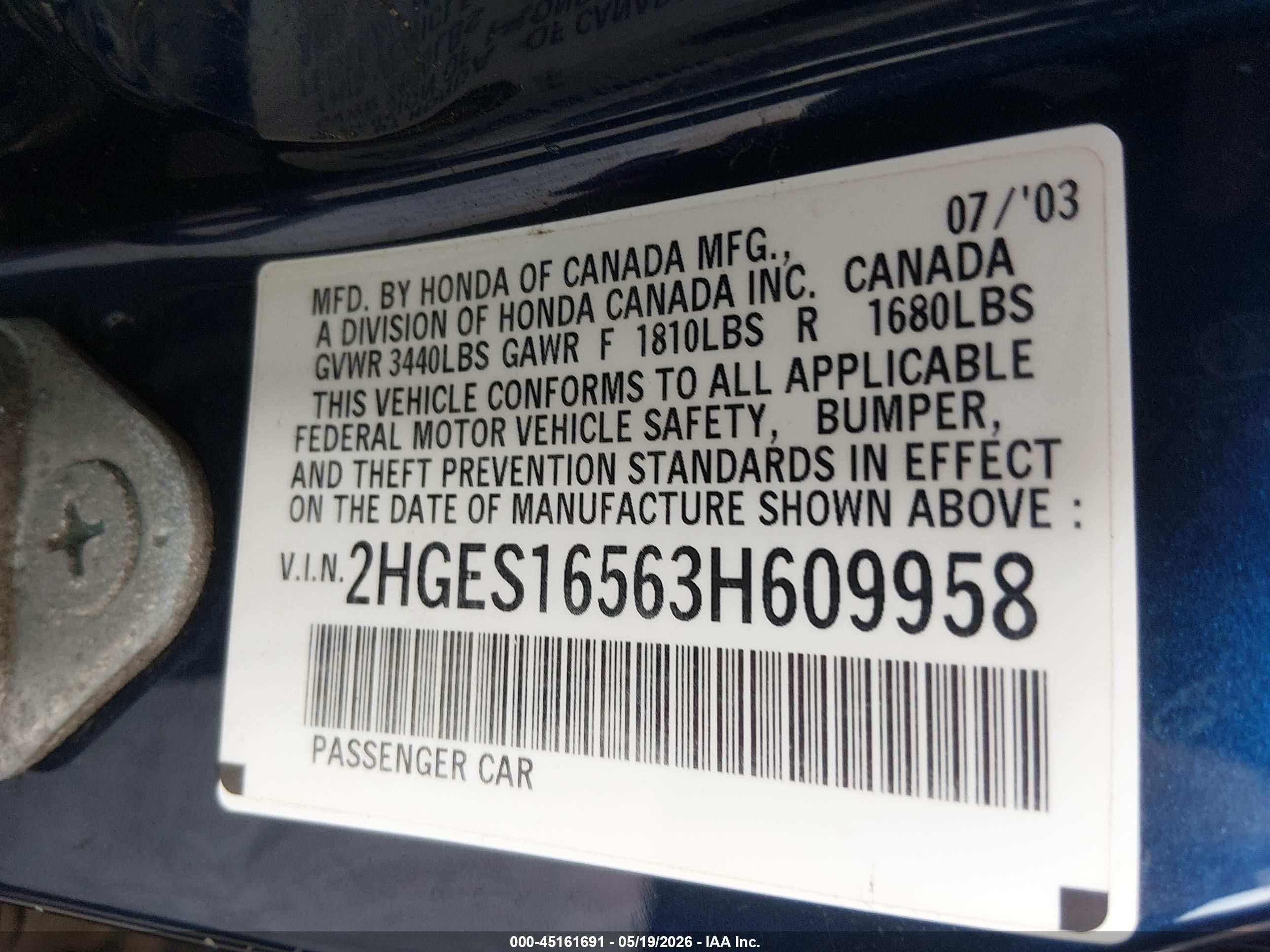 2003 Honda Civic Lx Blue vin: 2HGES16563H609958