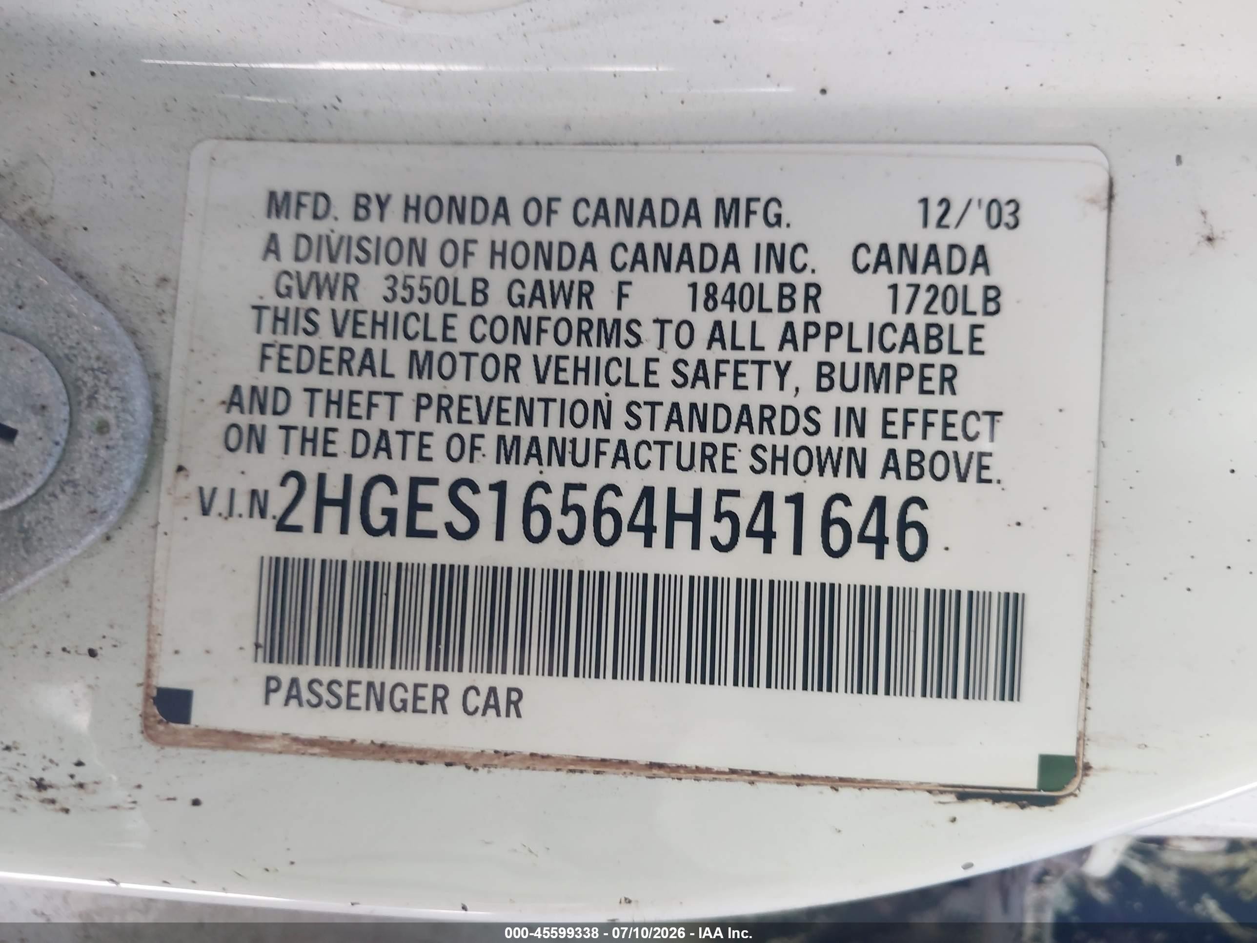 2004 Honda Civic Lx White vin: 2HGES16564H541646