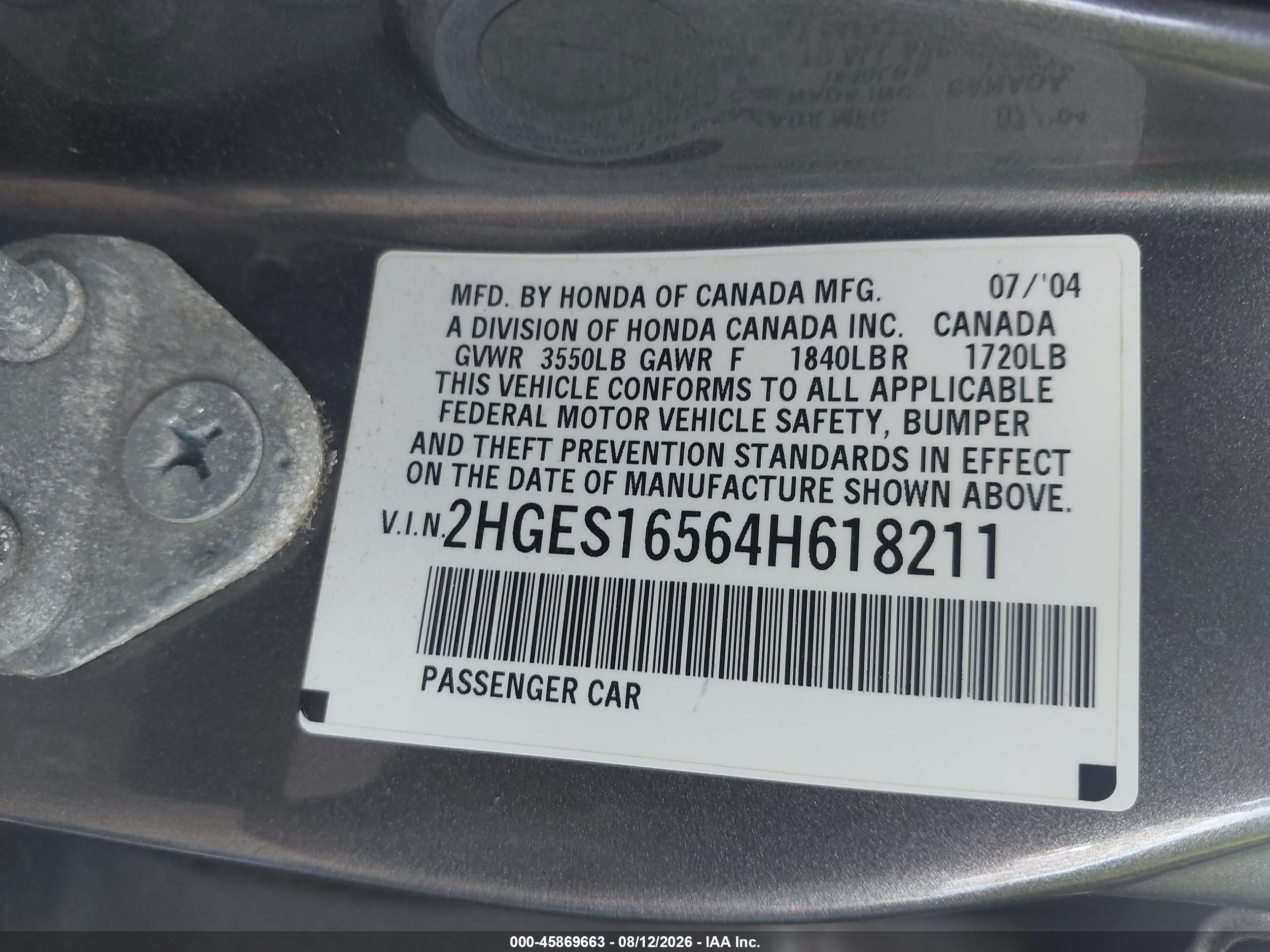 2004 Honda Civic Lx Gray vin: 2HGES16564H618211