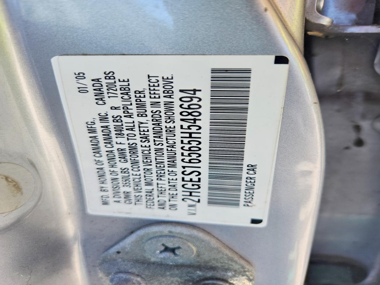 2005 Honda Civic Lx Серебряный vin: 2HGES16565H548694