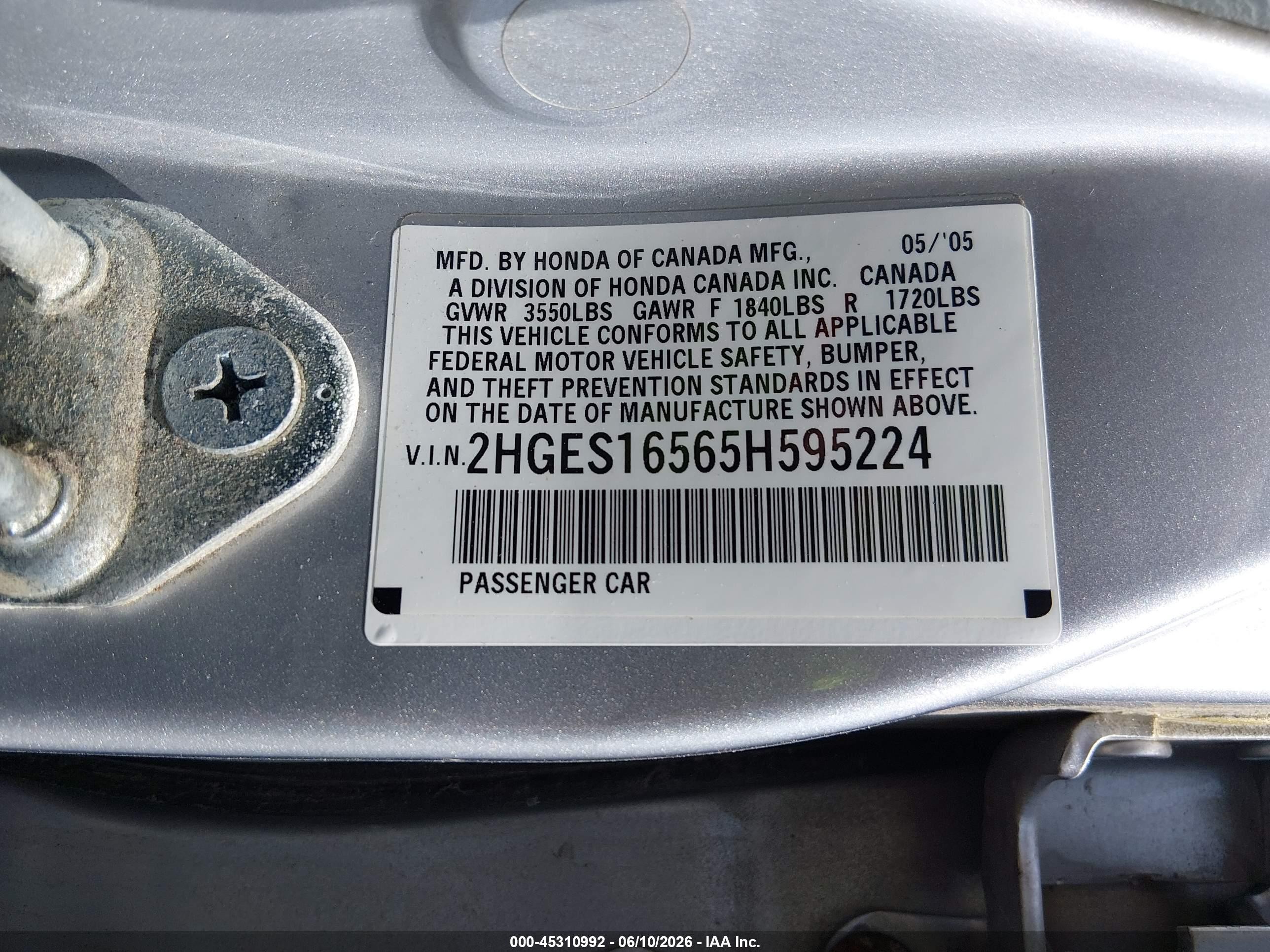 2005 Honda Civic Lx Silver vin: 2HGES16565H595224