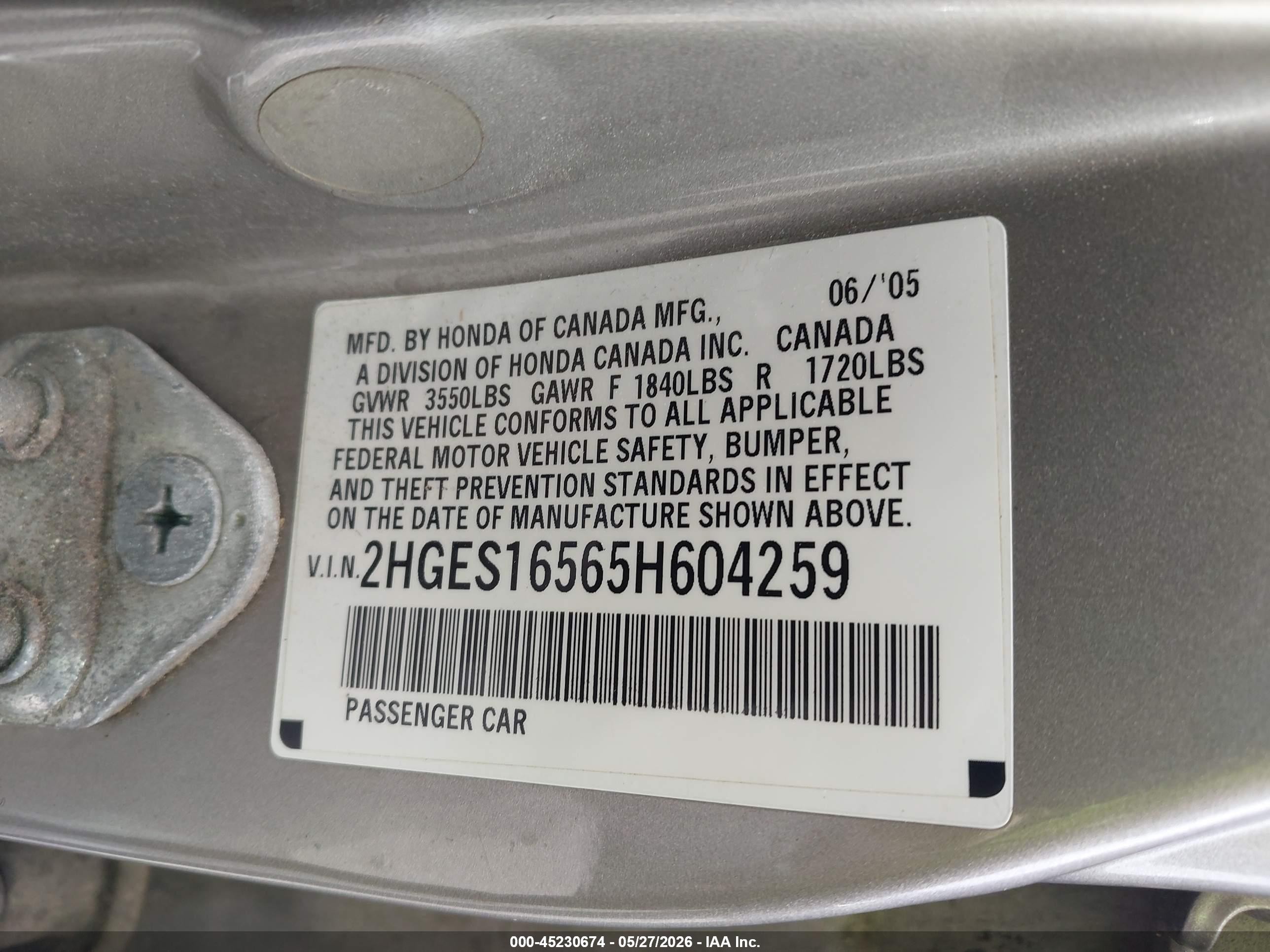 2005 Honda Civic Lx Tan vin: 2HGES16565H604259