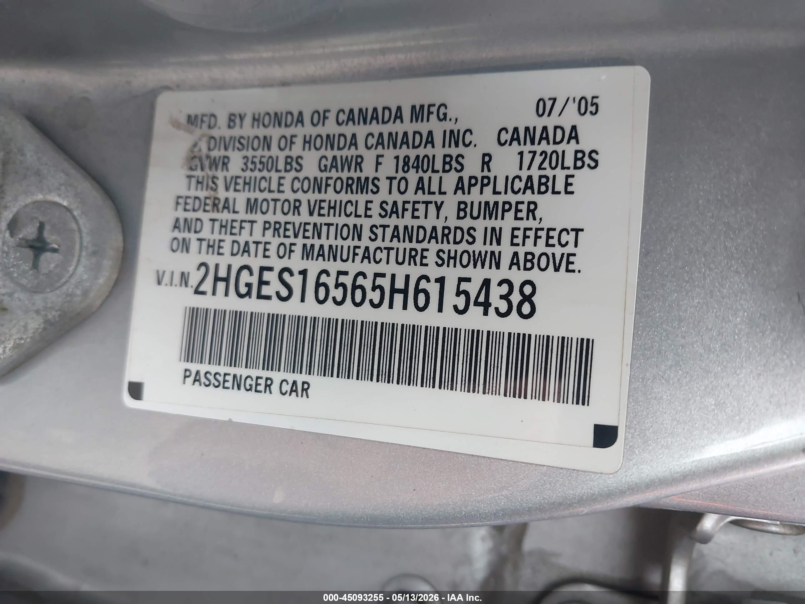 2005 Honda Civic Lx Белый vin: 2HGES16565H615438