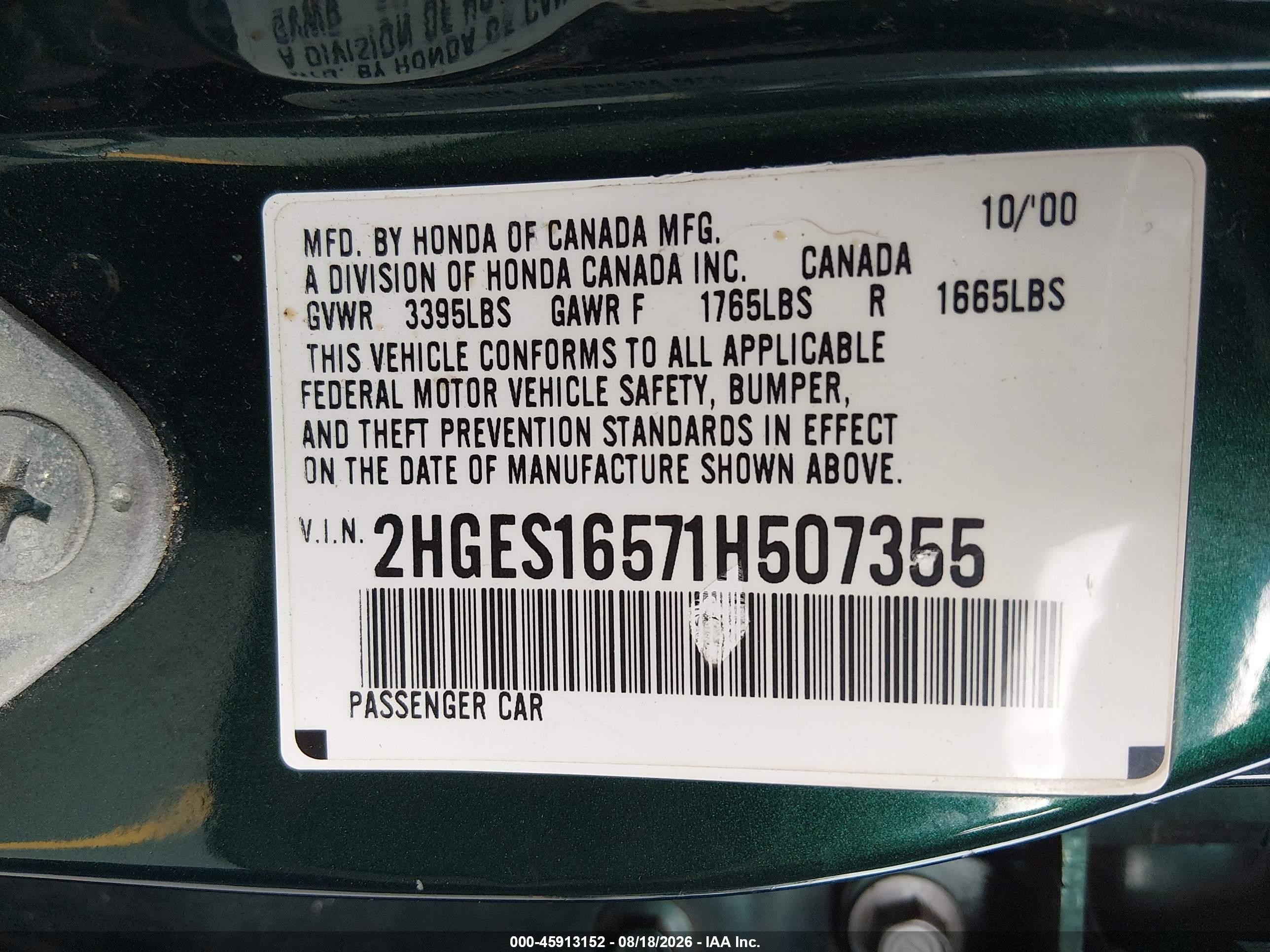 2001 Honda Civic Lx Green vin: 2HGES16571H507355