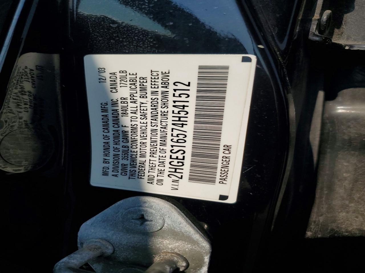 2004 Honda Civic Lx Black vin: 2HGES16574H541512