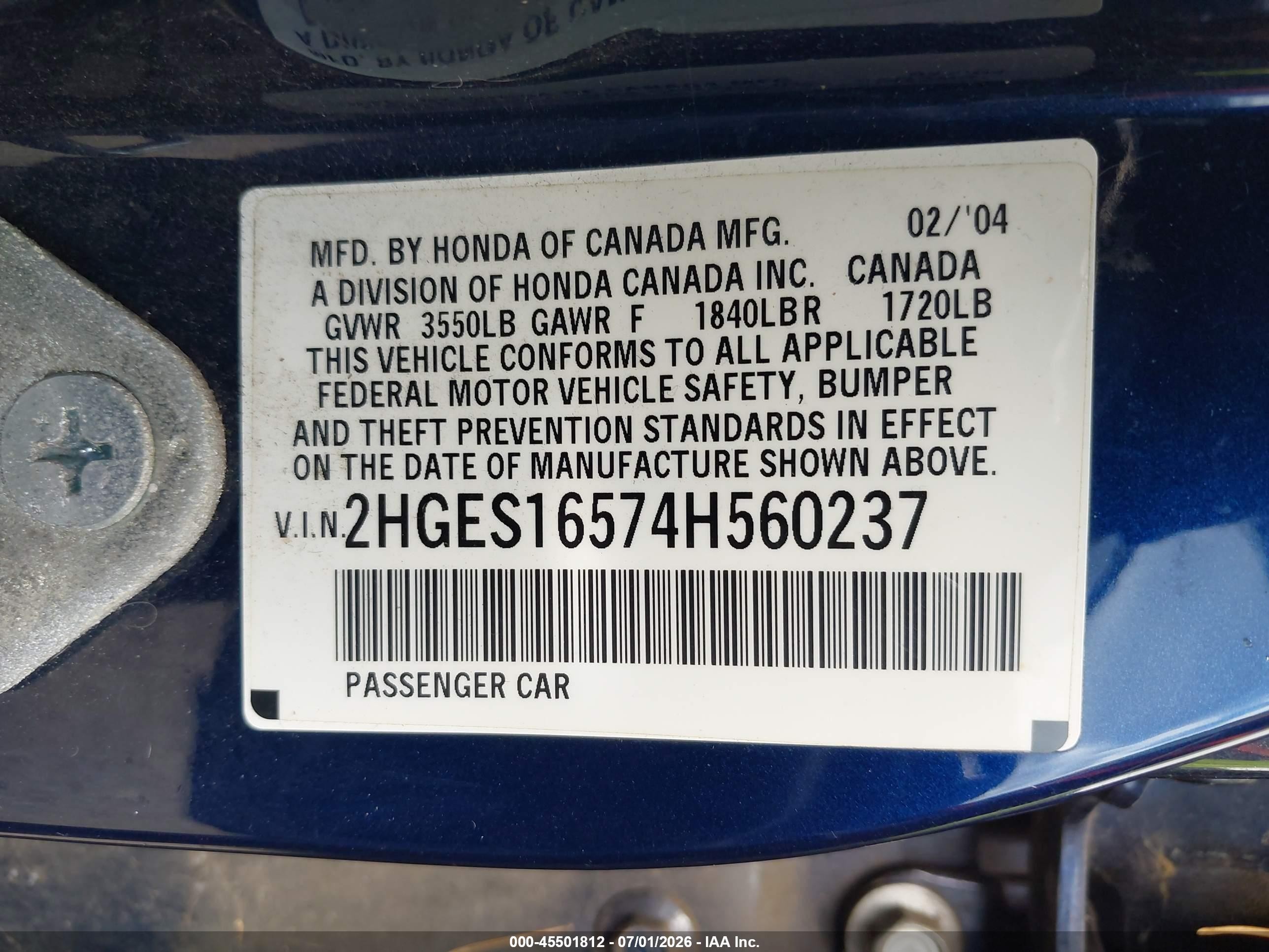 2004 Honda Civic Lx Blue vin: 2HGES16574H560237