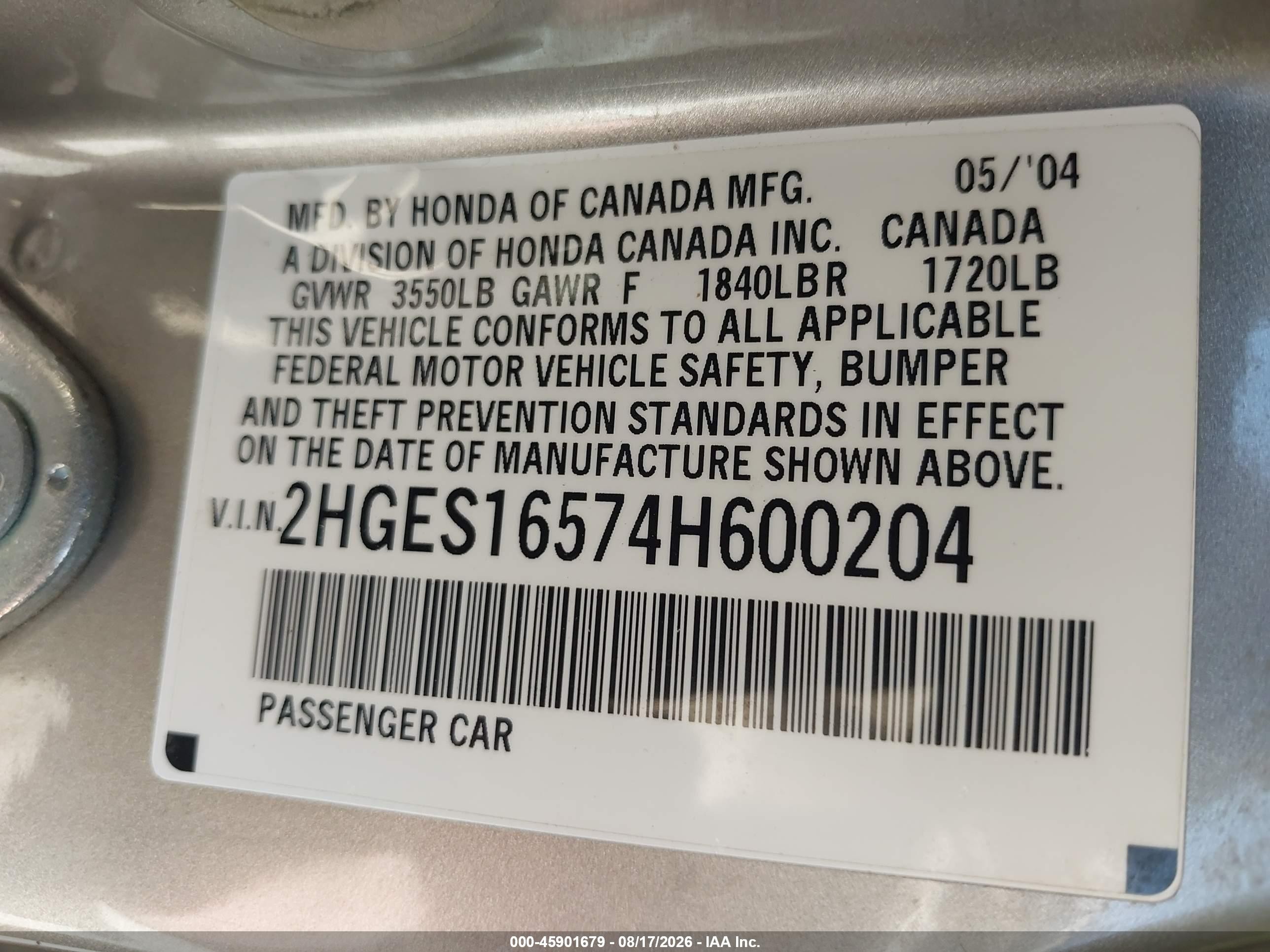 2004 Honda Civic Lx Beige vin: 2HGES16574H600204