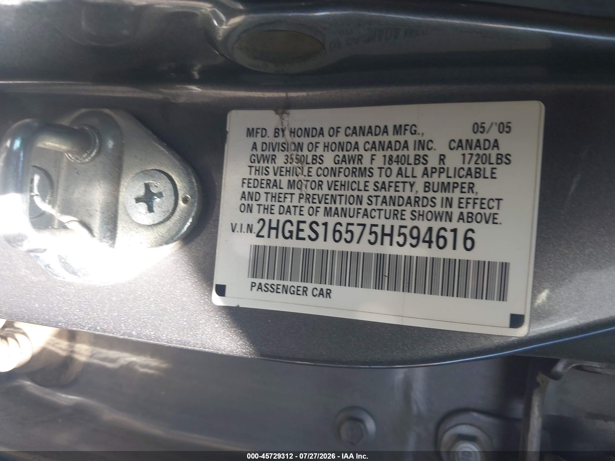 2005 Honda Civic Lx Gray vin: 2HGES16575H594616