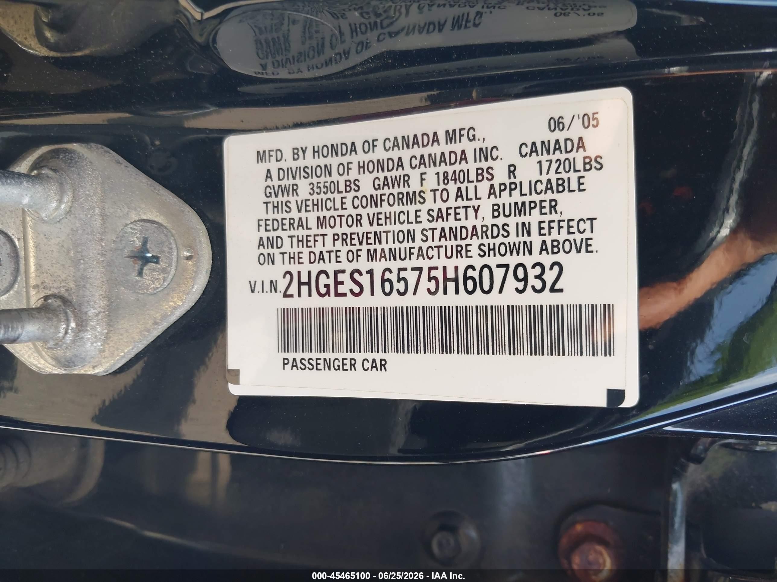 2005 Honda Civic Lx vin: 2HGES16575H607932