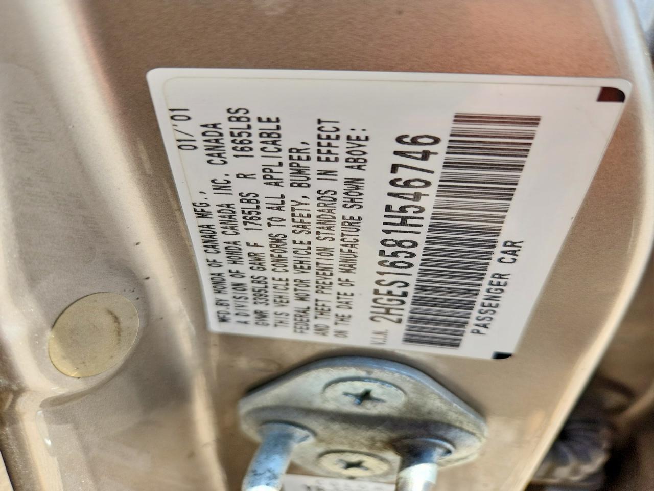 2001 Honda Civic Lx Beige vin: 2HGES16581H546746