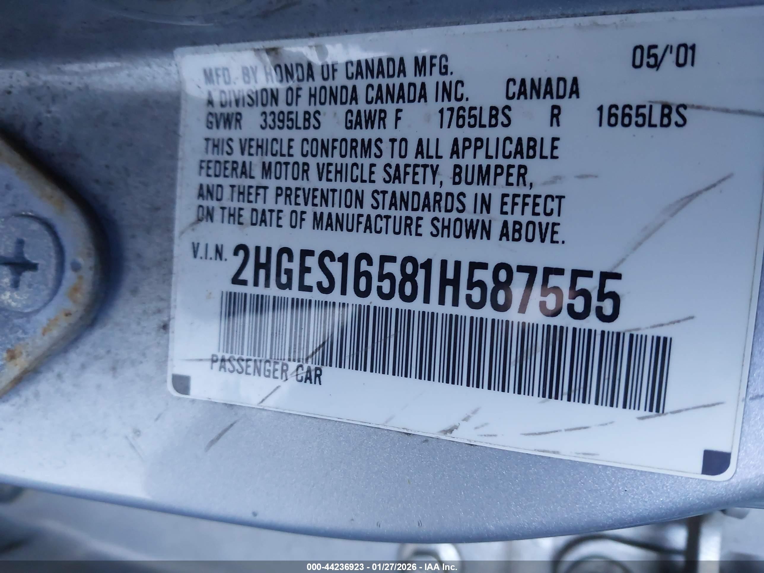 2001 Honda Civic Lx Silver vin: 2HGES16581H587555
