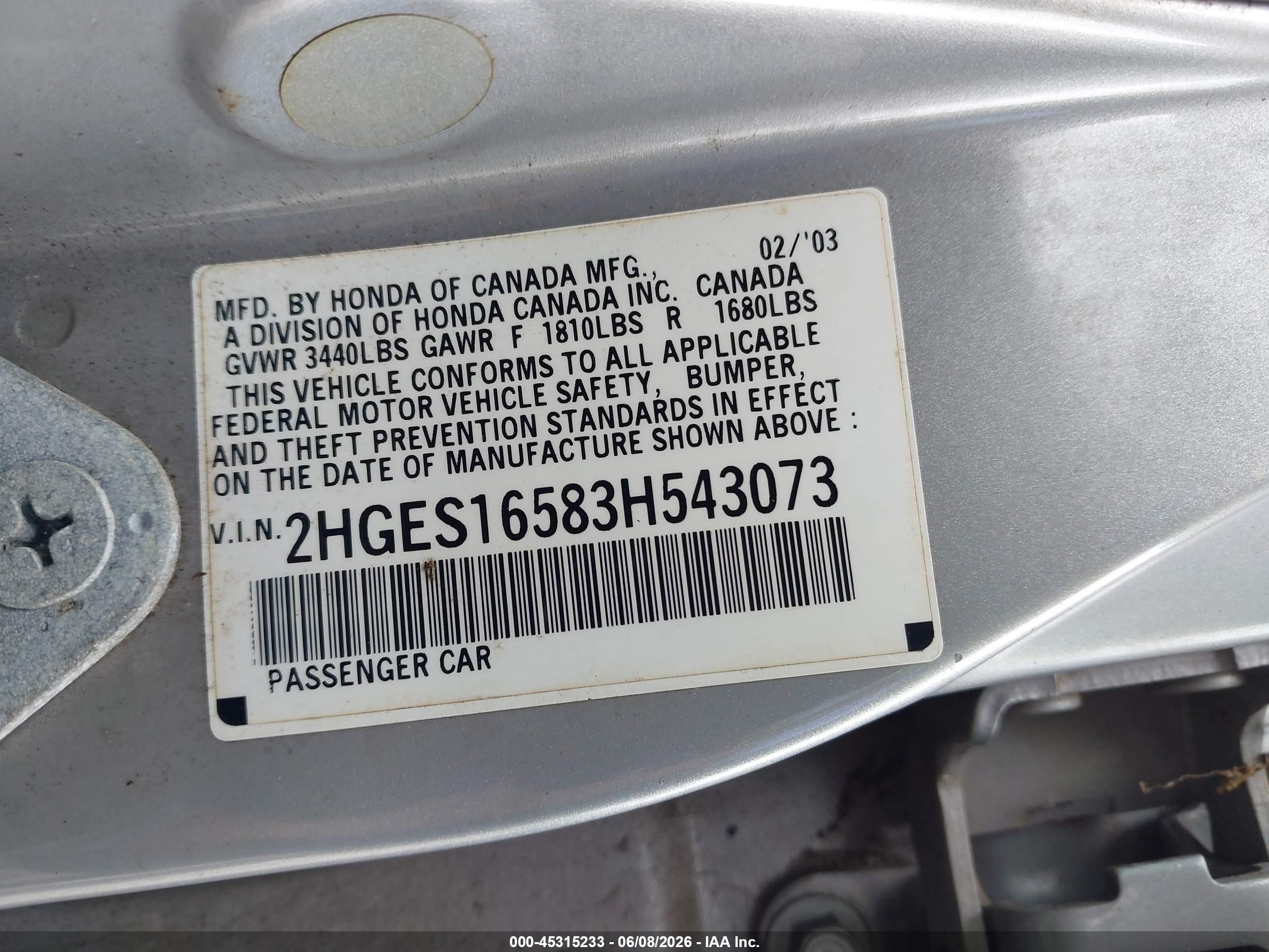 2003 Honda Civic Lx Silver vin: 2HGES16583H543073