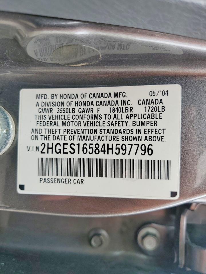 2004 Honda Civic Lx Gray vin: 2HGES16584H597796
