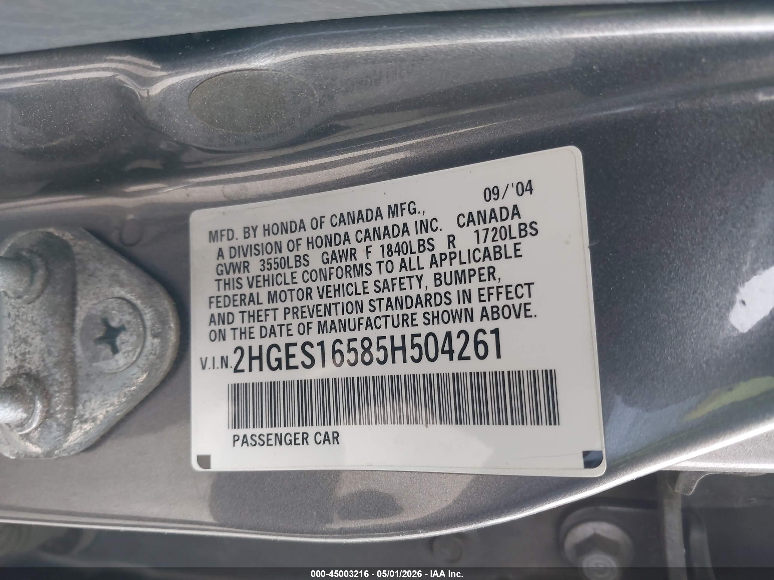 2005 Honda Civic Lx Gray vin: 2HGES16585H504261