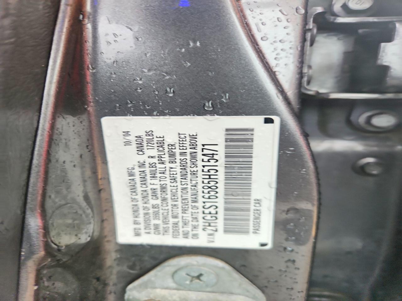 2005 Honda Civic Lx Серый vin: 2HGES16585H515471