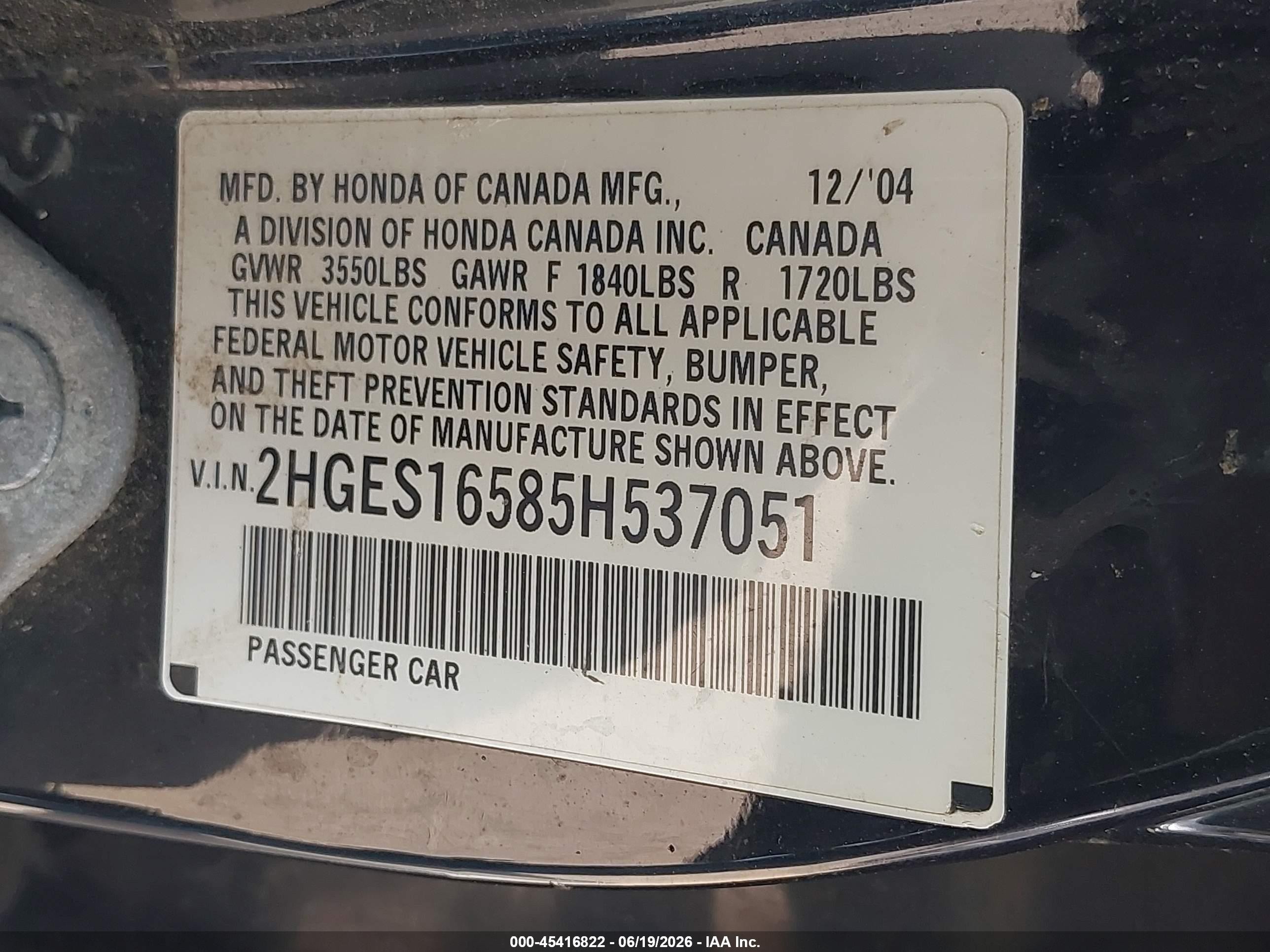 2005 Honda Civic Lx Black vin: 2HGES16585H537051