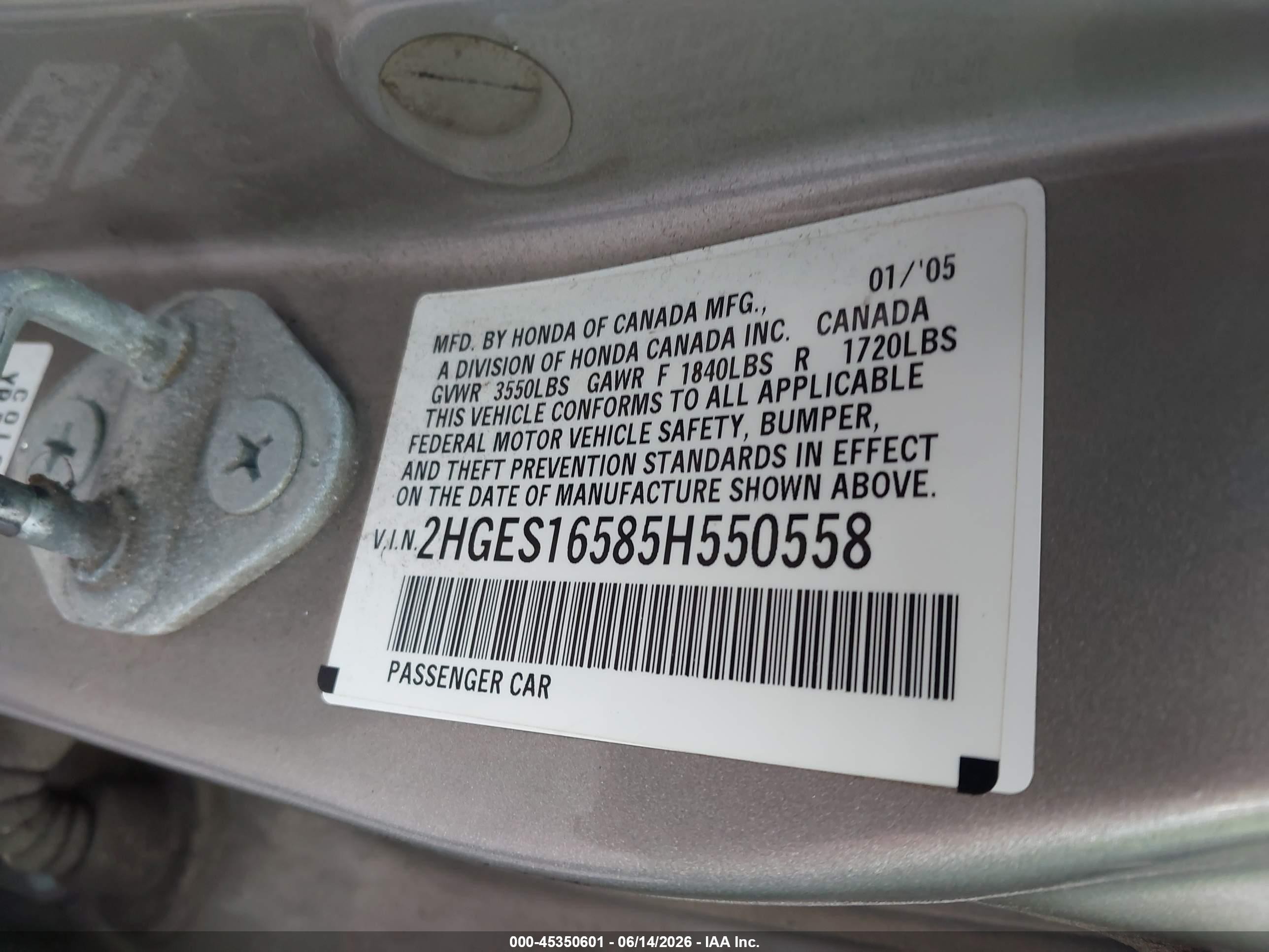 2005 Honda Civic Lx Beige vin: 2HGES16585H550558