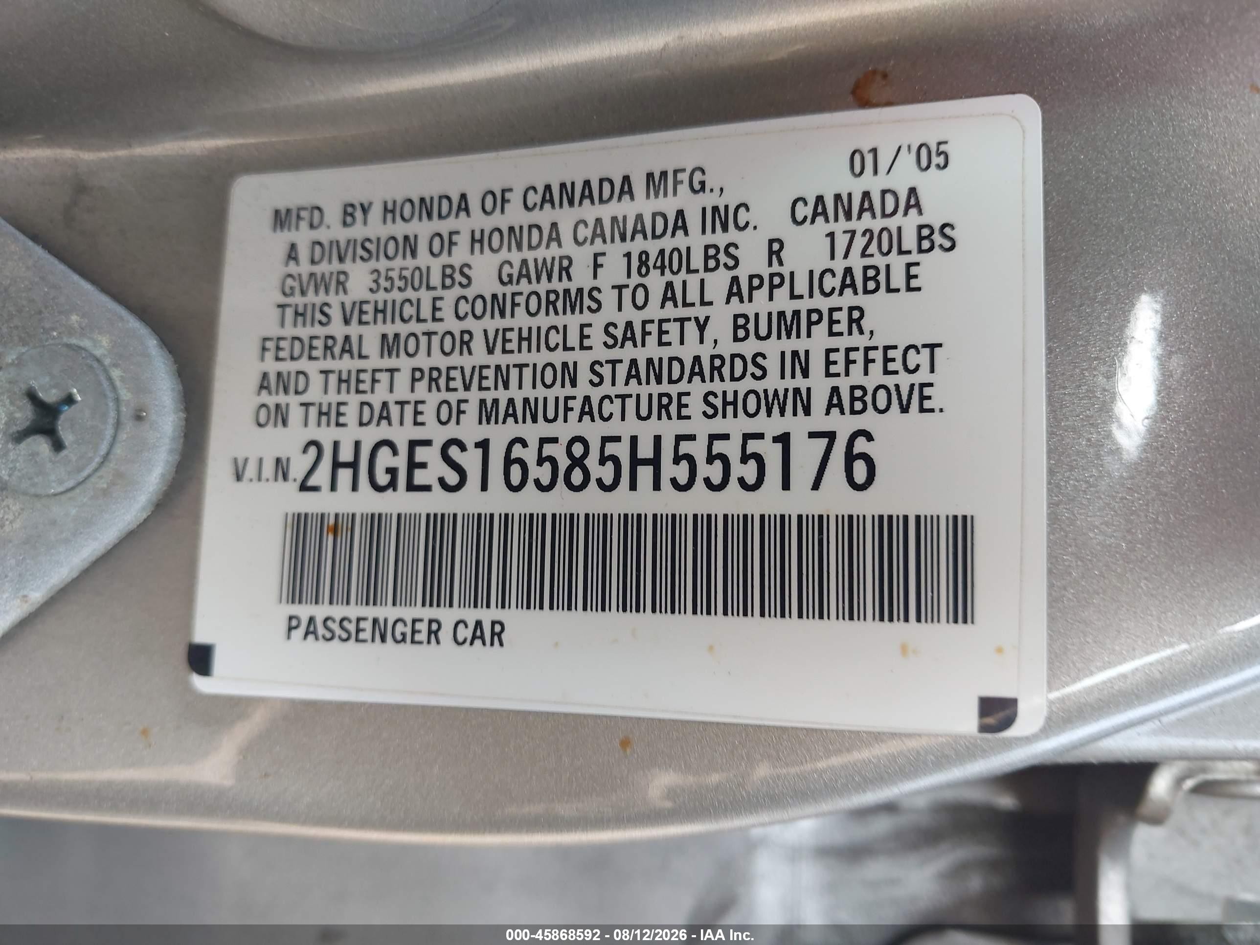 2005 Honda Civic Lx Beige vin: 2HGES16585H555176