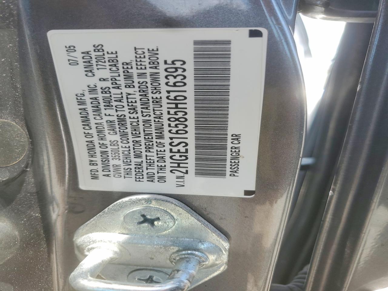 2005 Honda Civic Lx Gray vin: 2HGES16585H616395