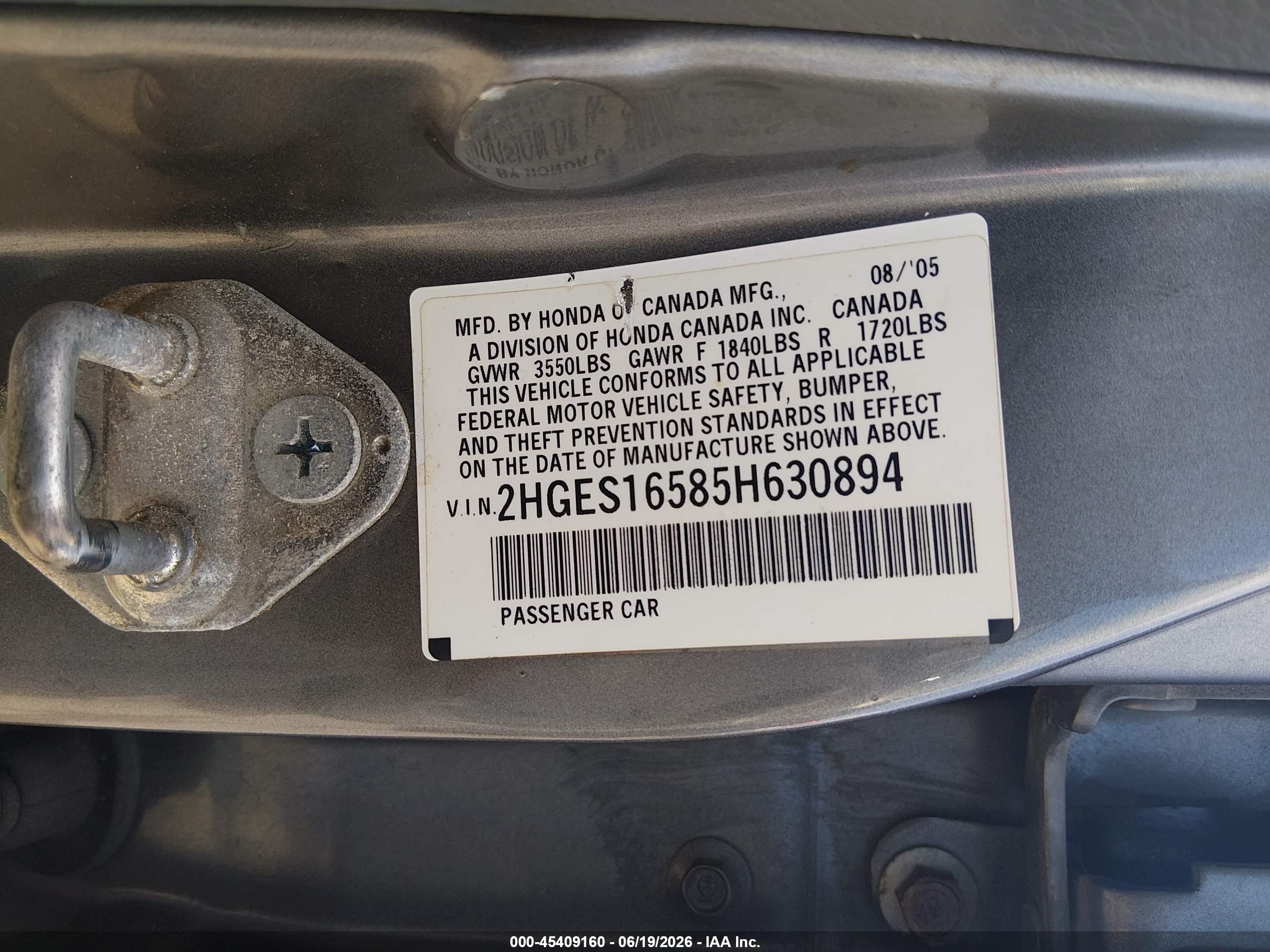 2005 Honda Civic Lx Серый vin: 2HGES16585H630894