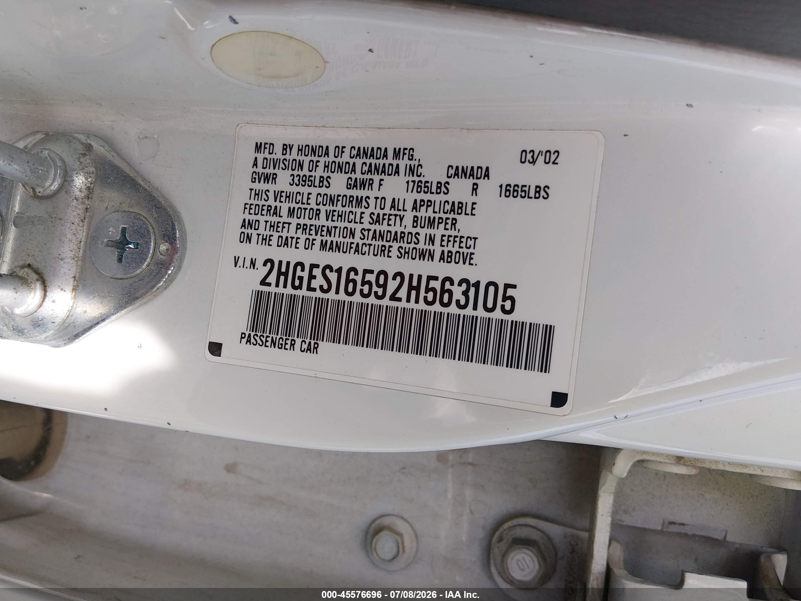2002 Honda Civic Lx White vin: 2HGES16592H563105