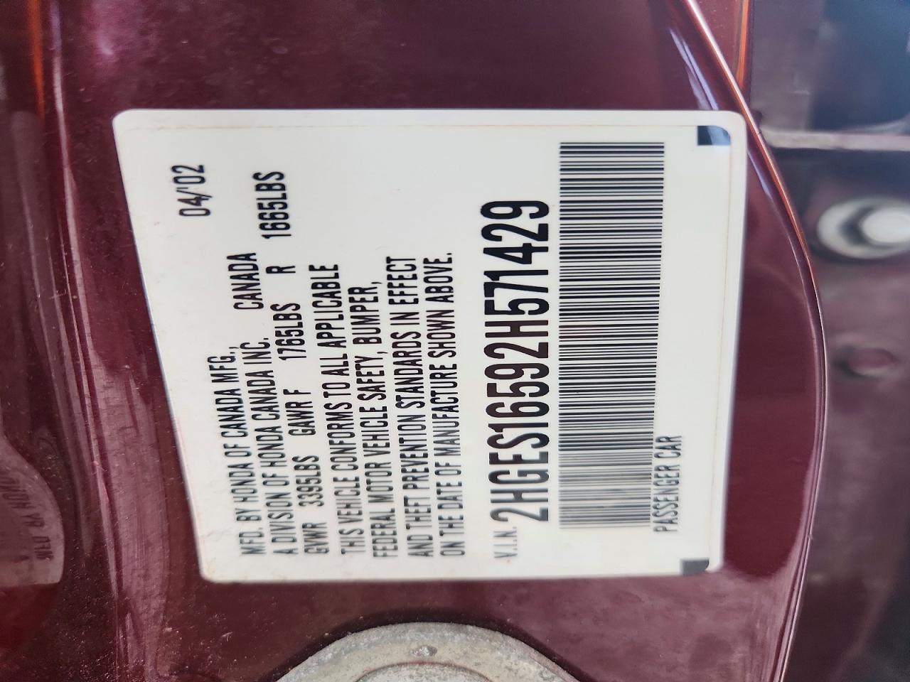 2002 Honda Civic Lx Burgundy vin: 2HGES16592H571429