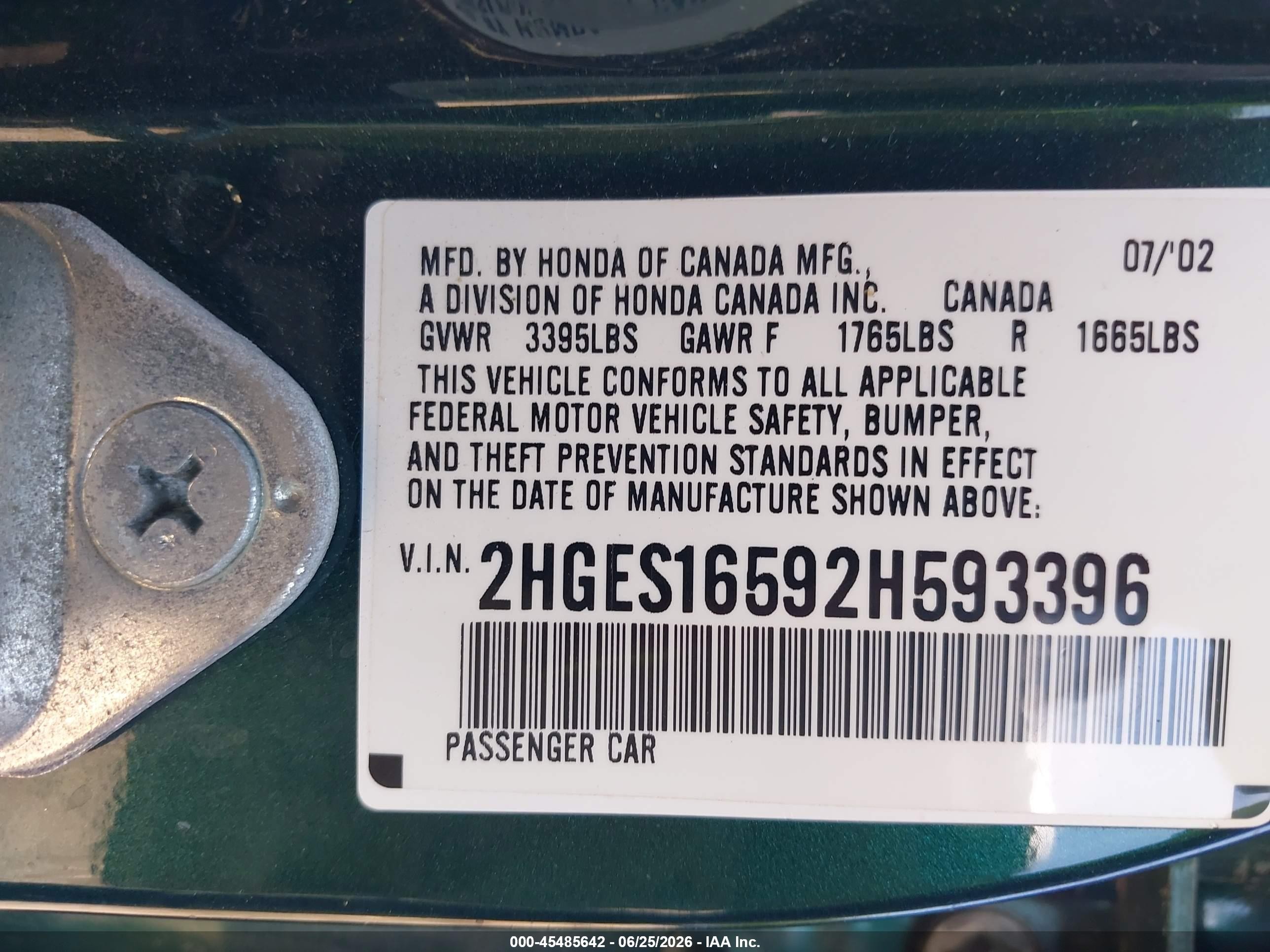 2002 Honda Civic Lx Green vin: 2HGES16592H593396