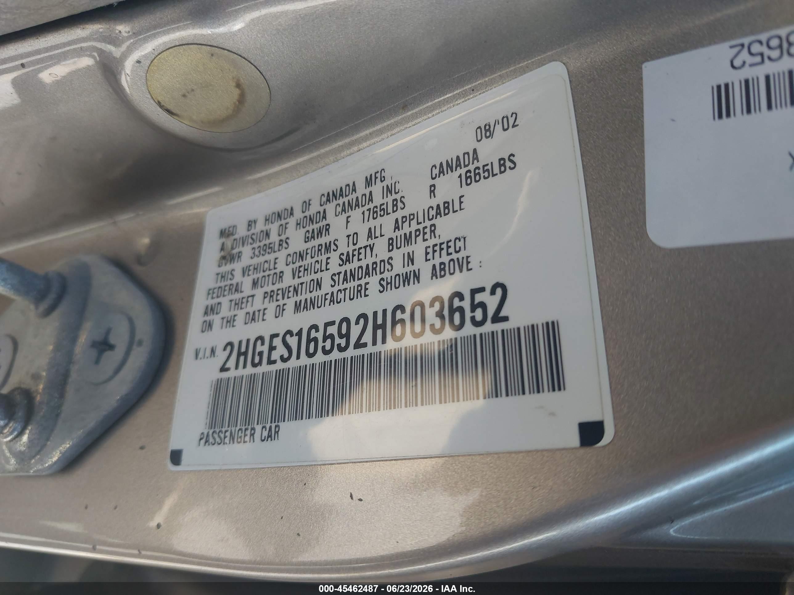 2002 Honda Civic Lx Beige vin: 2HGES16592H603652